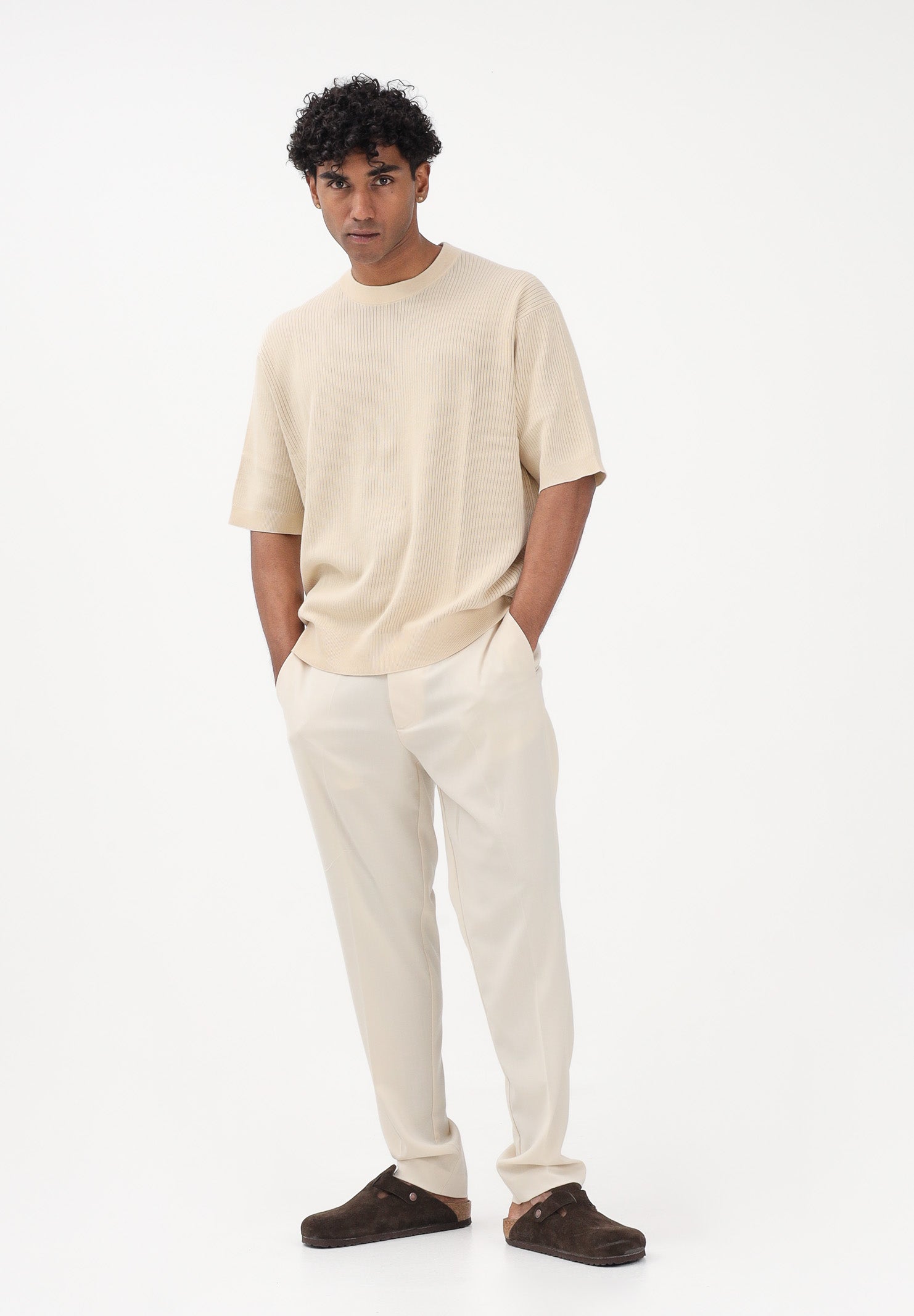 SELECTED HOMME Maglia a manica corta panna da uomo con lavorazione a costine 16100066 AN SELECTED HOMME 