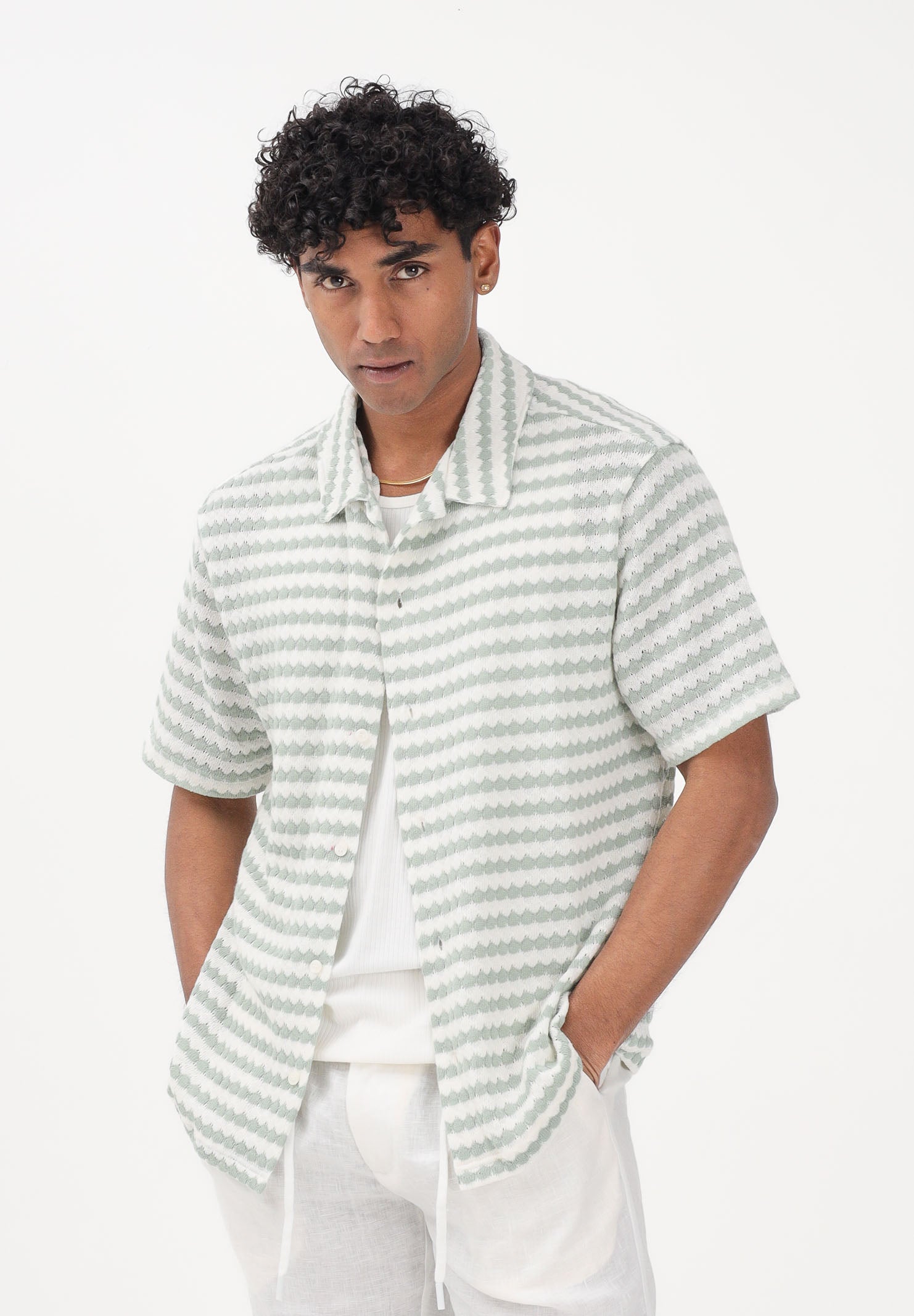 SELECTED HOMME Camicia a manica corta bianca e verde acqua da uomo con motivo a righe 16100463 AQGR SELECTED HOMME 
