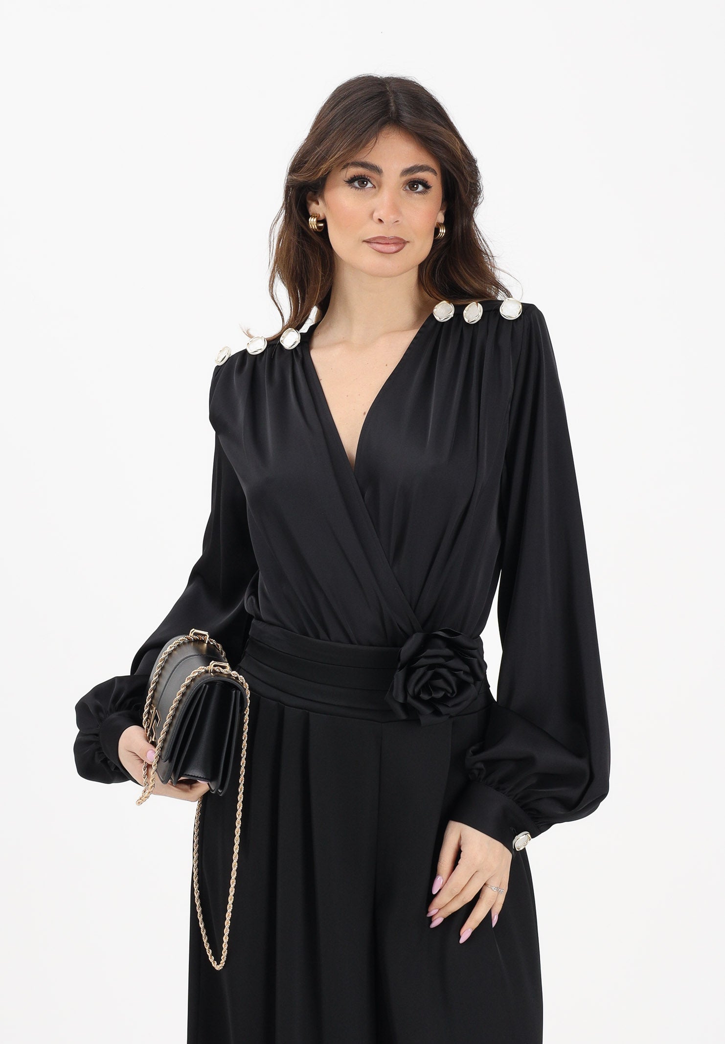 SHIT Body nero da donna con spilla fiore e bottoni SH26047 NE SHIT 