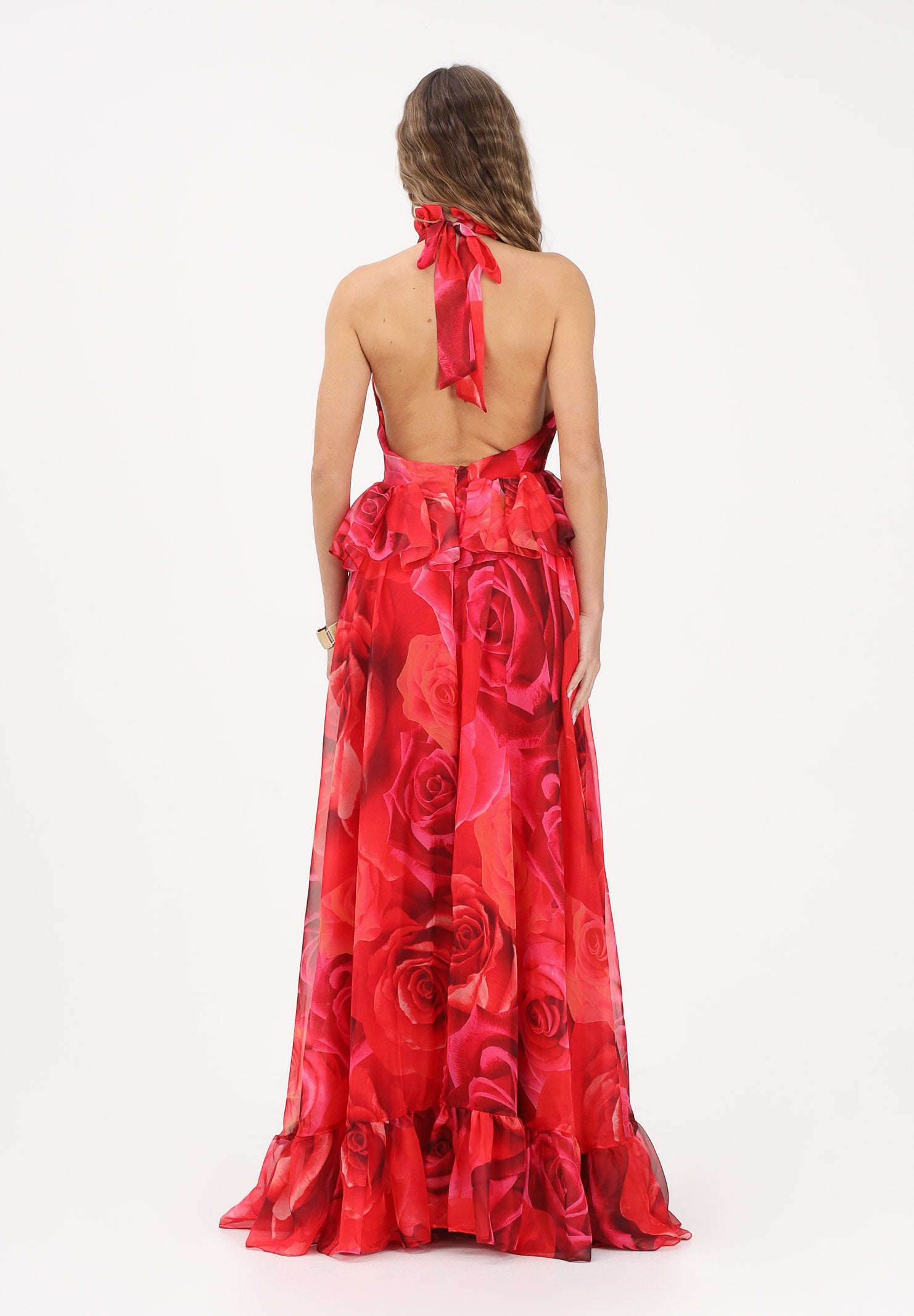 SHIT Abito lungo rosso da donna con stampa all-over di maxi rose SH26054 RERO SHIT 