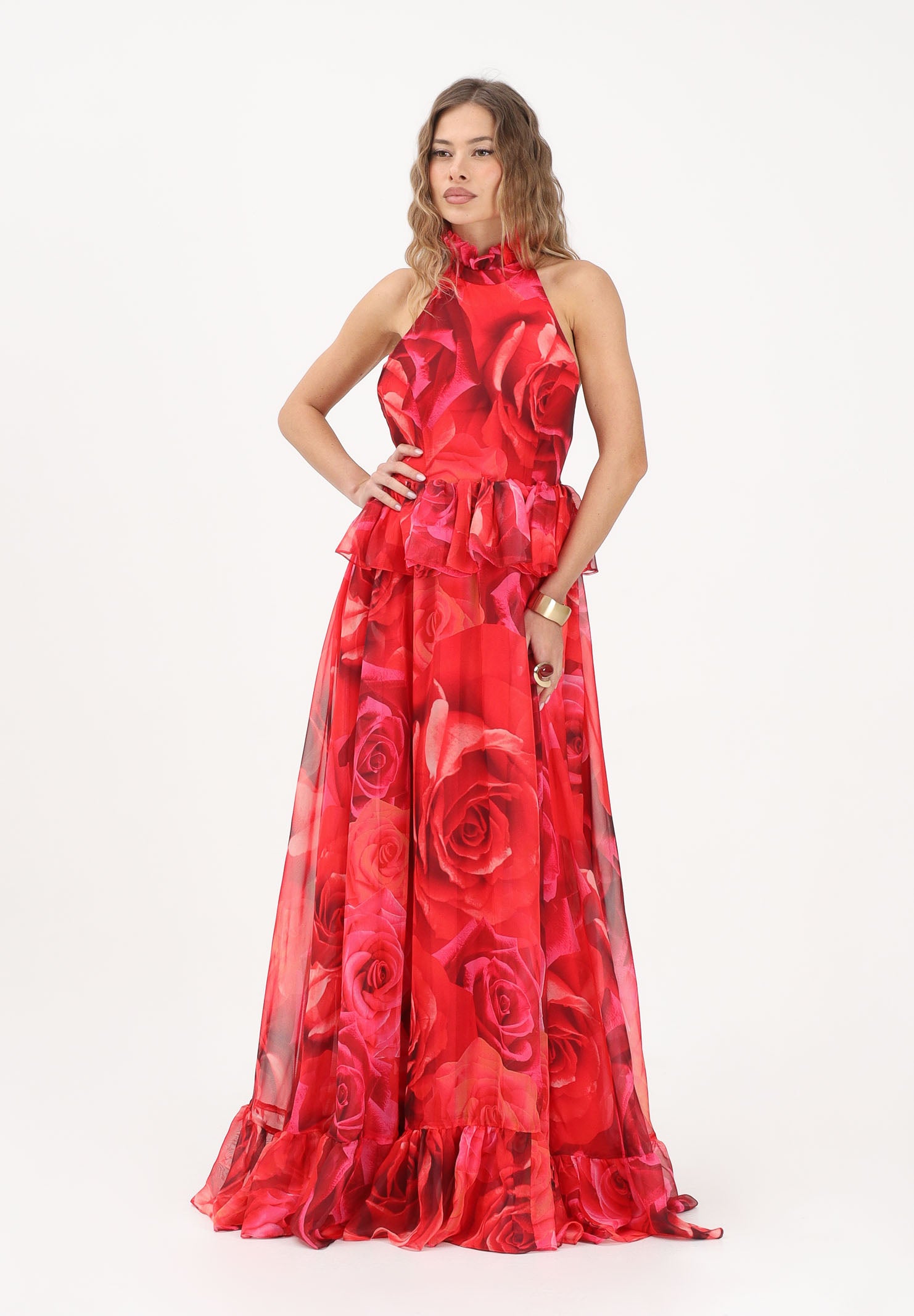 SHIT Abito lungo rosso da donna con stampa all-over di maxi rose SH26054 RERO SHIT 