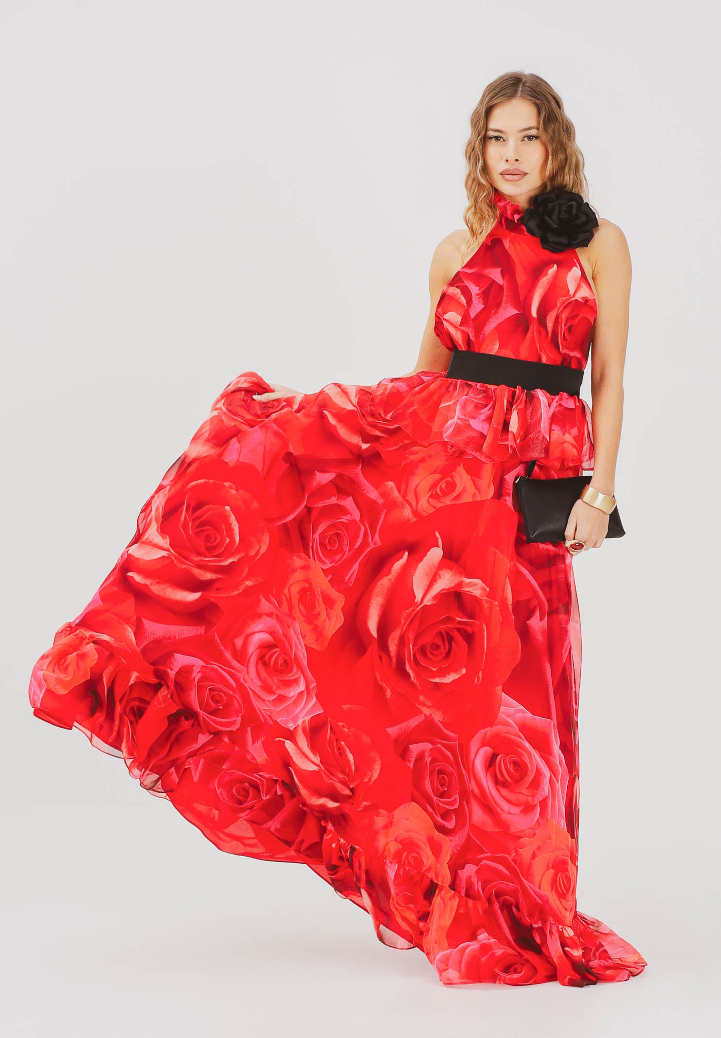 SHIT Abito lungo rosso da donna con stampa all-over di maxi rose SH26054 RERO SHIT 