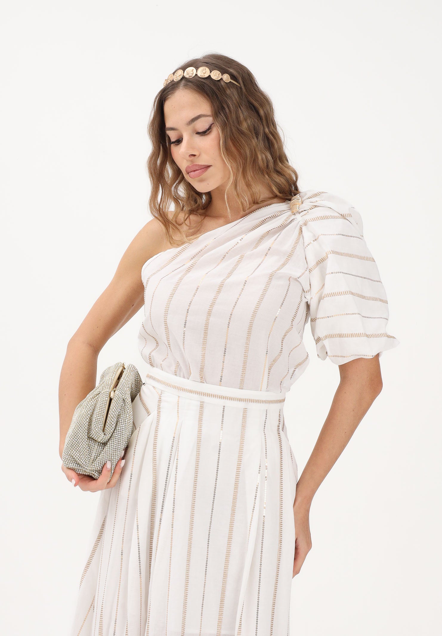 SIMONA CORSELLINI Top monospalla bianco da donna con delicate righe verticali con filo lurex P26CPTOC0101 V0001 SIMONA CORSELLINI 