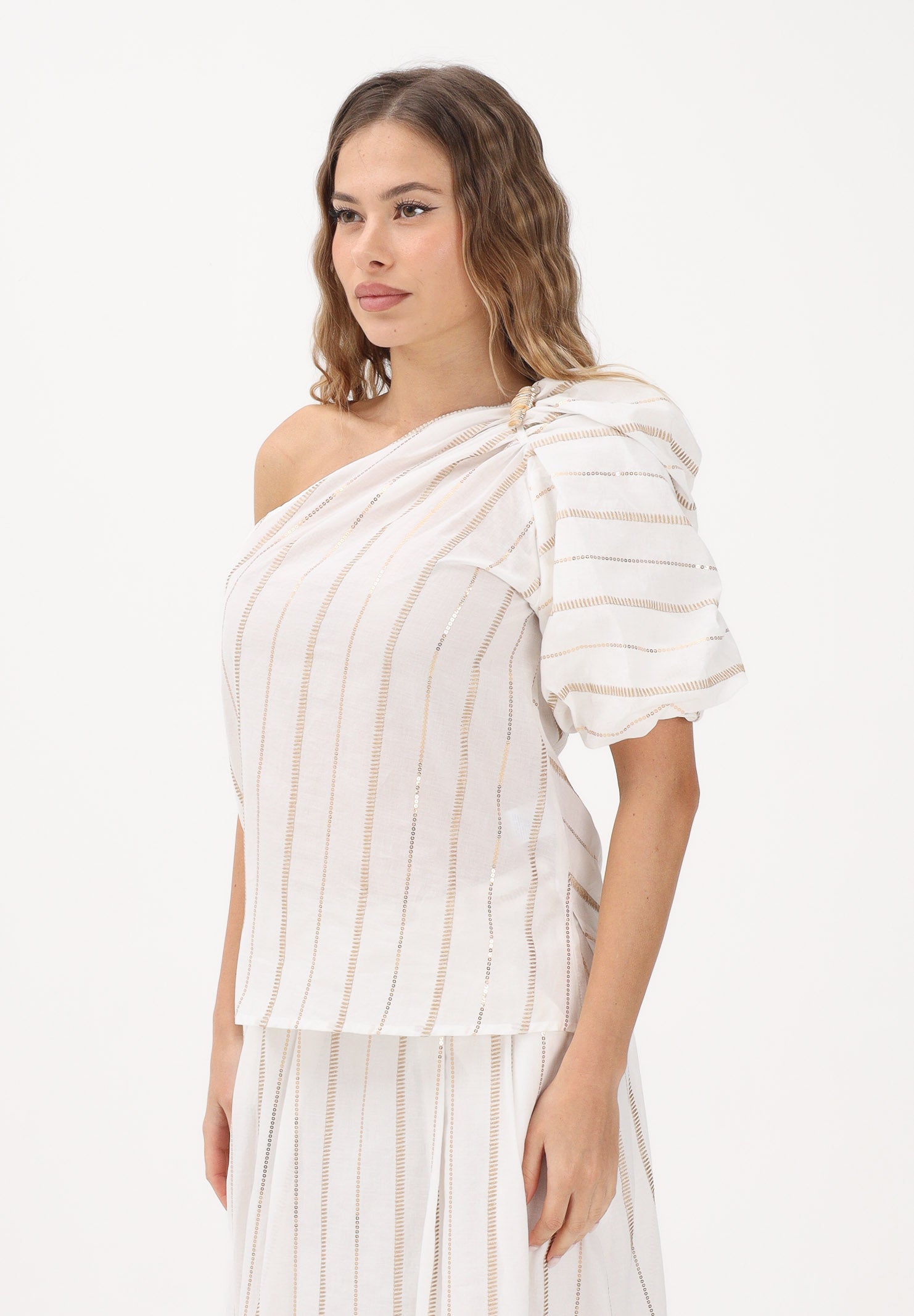 SIMONA CORSELLINI Top monospalla bianco da donna con delicate righe verticali con filo lurex P26CPTOC0101 V0001 SIMONA CORSELLINI 