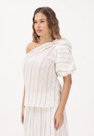 SIMONA CORSELLINI Top monospalla bianco da donna con delicate righe verticali con filo lurex P26CPTOC0101 V0001 SIMONA CORSELLINI 