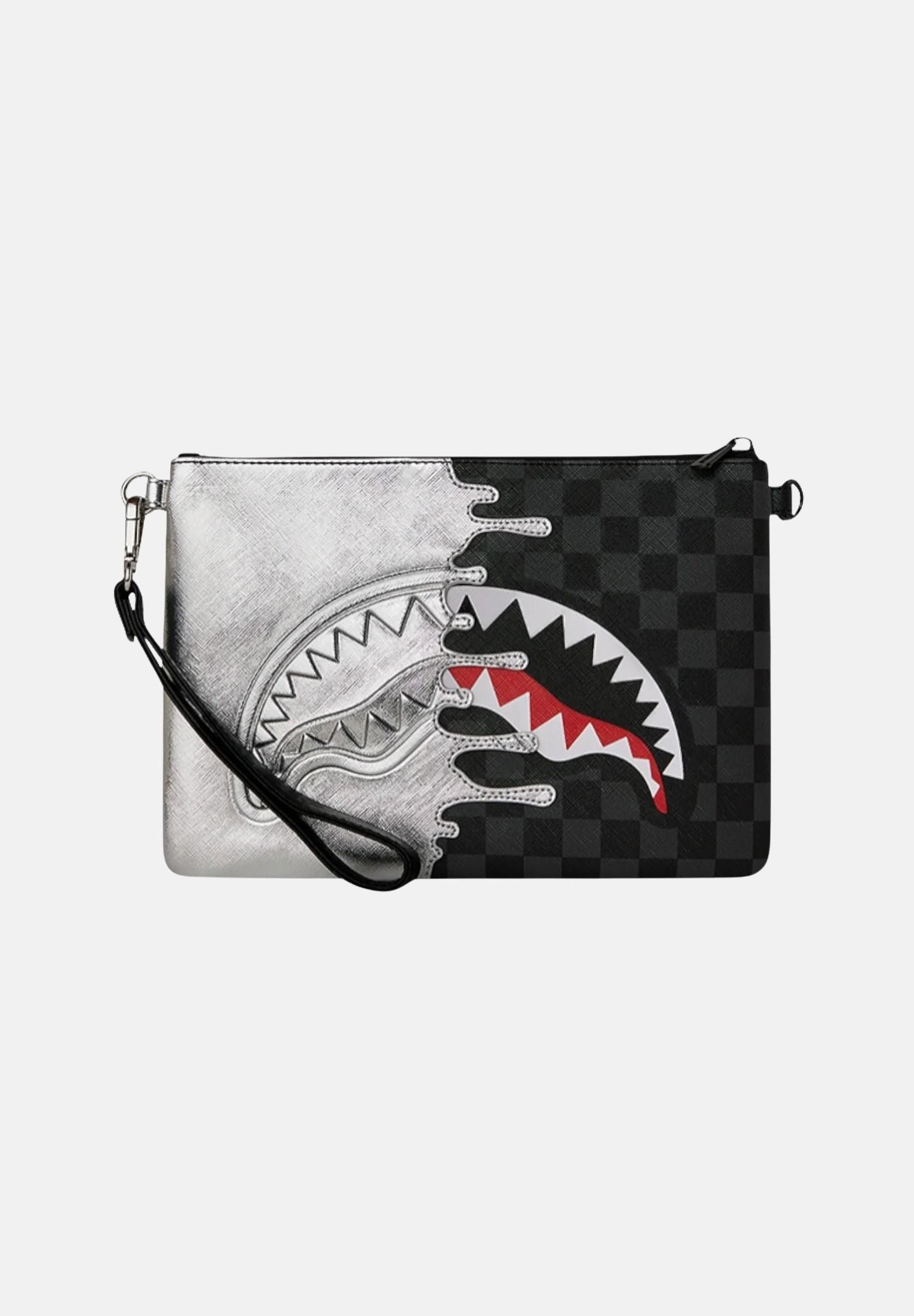 SPRAYGROUND Pochette Silver Side Drip Black Check Shark argento e nera per uomo e donna 910B8929NSZ . SPRAYGROUND 