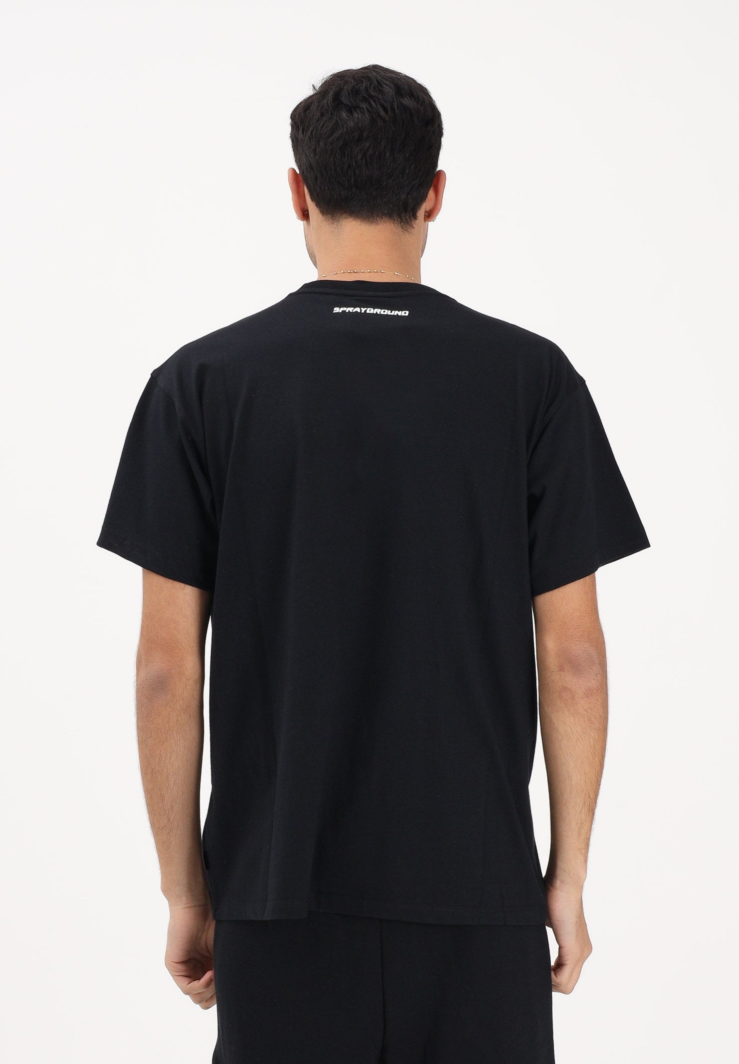 SPRAYGROUND T-shirt a manica corta nera da uomo con grafica frontale SP858BLK . SPRAYGROUND 