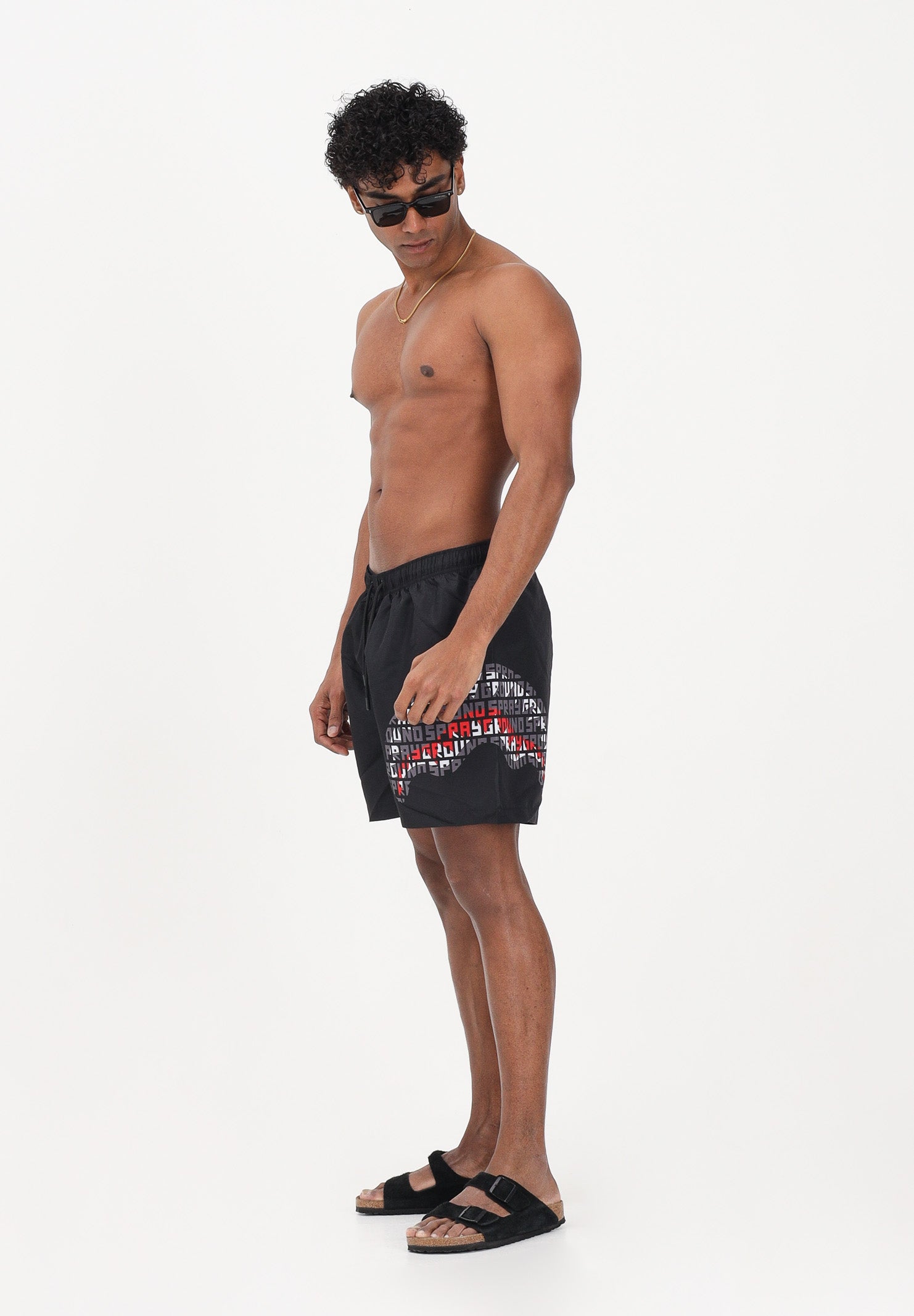 SPRAYGROUND Shorts mare nero da uomo con stampa shark laterale SP917BLK . SPRAYGROUND 