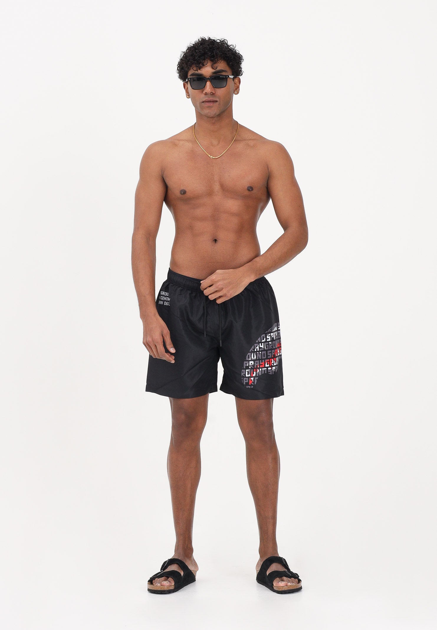 SPRAYGROUND Shorts mare nero da uomo con stampa shark laterale SP917BLK . SPRAYGROUND 