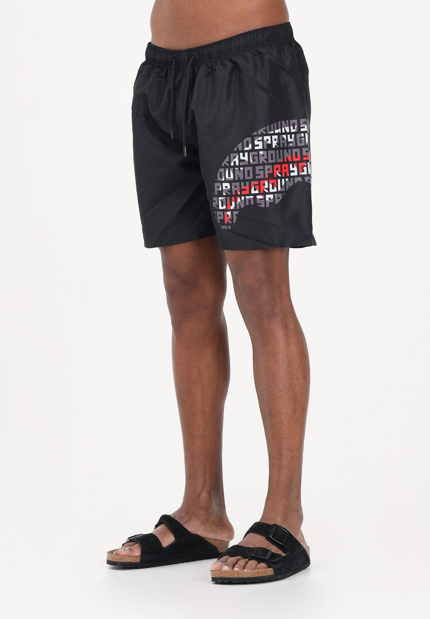 SPRAYGROUND Shorts mare nero da uomo con stampa shark laterale SP917BLK . SPRAYGROUND 