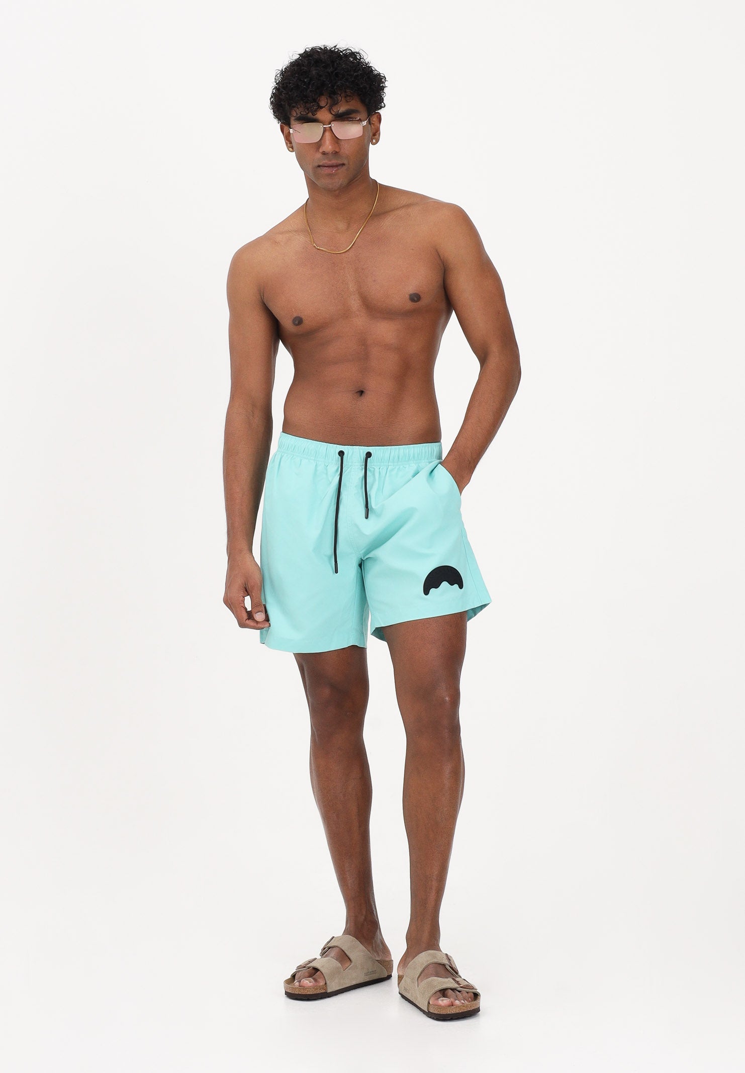 SPRAYGROUND Shorts mare verde acqua da uomo con patch shark SP925AQUA . SPRAYGROUND 
