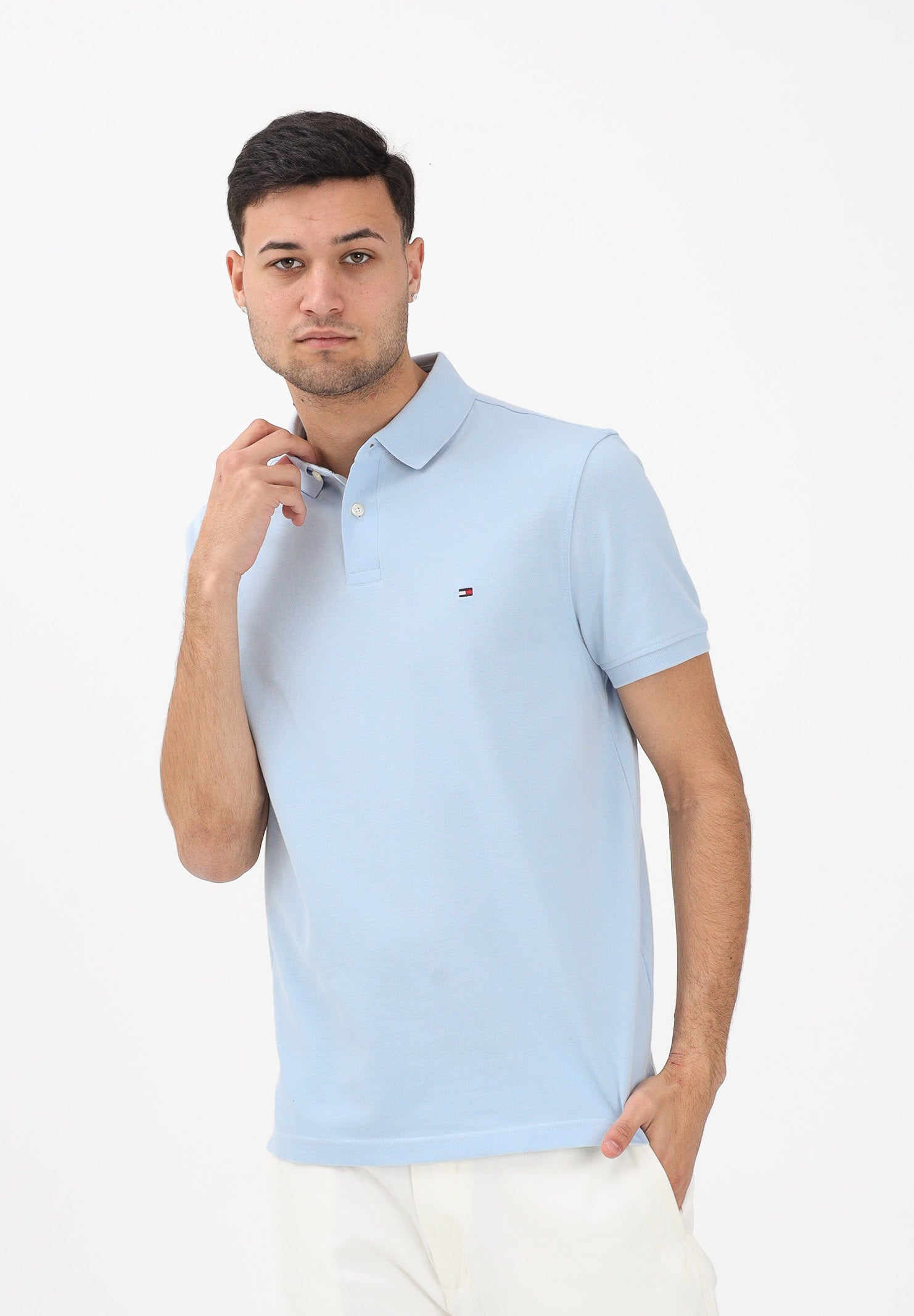 TOMMY HILFIGER Polo a manica corta celeste da uomo con logo MW0MW17770 C1O TOMMY HILFIGER 