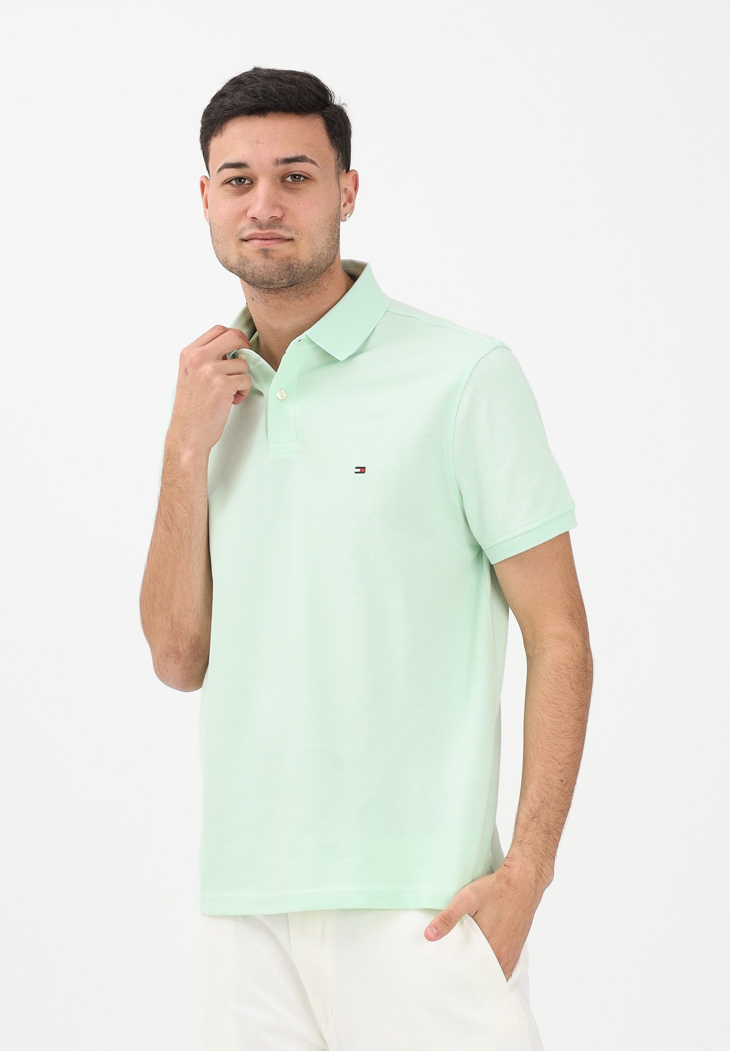 TOMMY HILFIGER Polo a manica corta verde menta da uomo con logo MW0MW17770 LXY TOMMY HILFIGER 