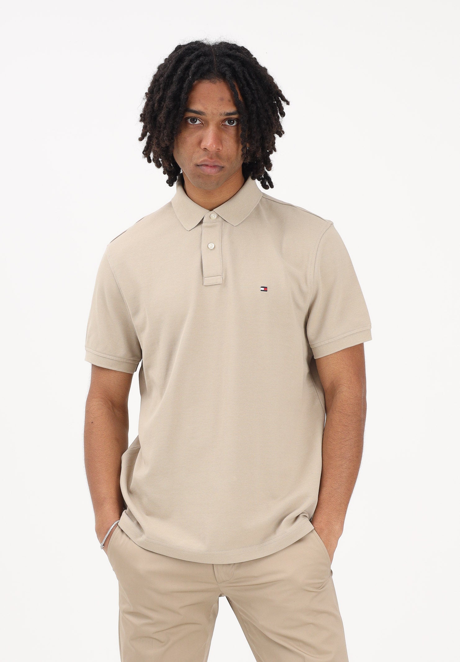 TOMMY HILFIGER Polo a manica corta beige da uomo con logo MW0MW17770 RBT TOMMY HILFIGER 