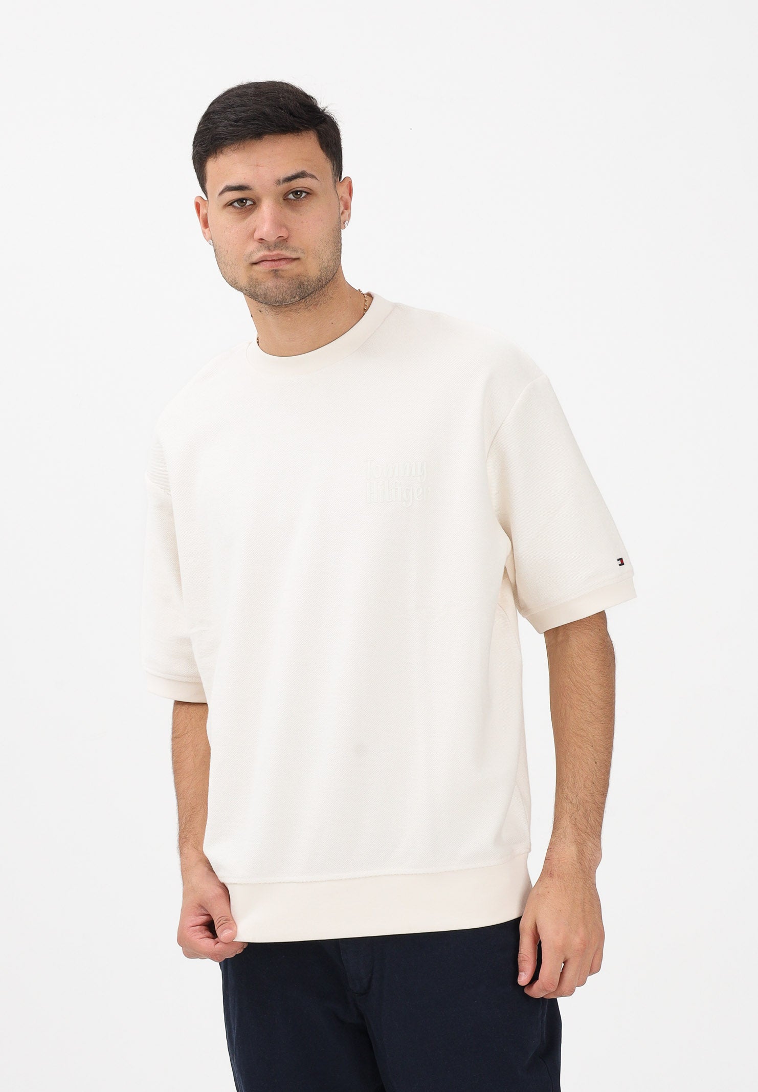 TOMMY HILFIGER T-shirt a manica corta panna da uomo con ricamo logo MW0MW41430 Z00 TOMMY HILFIGER 