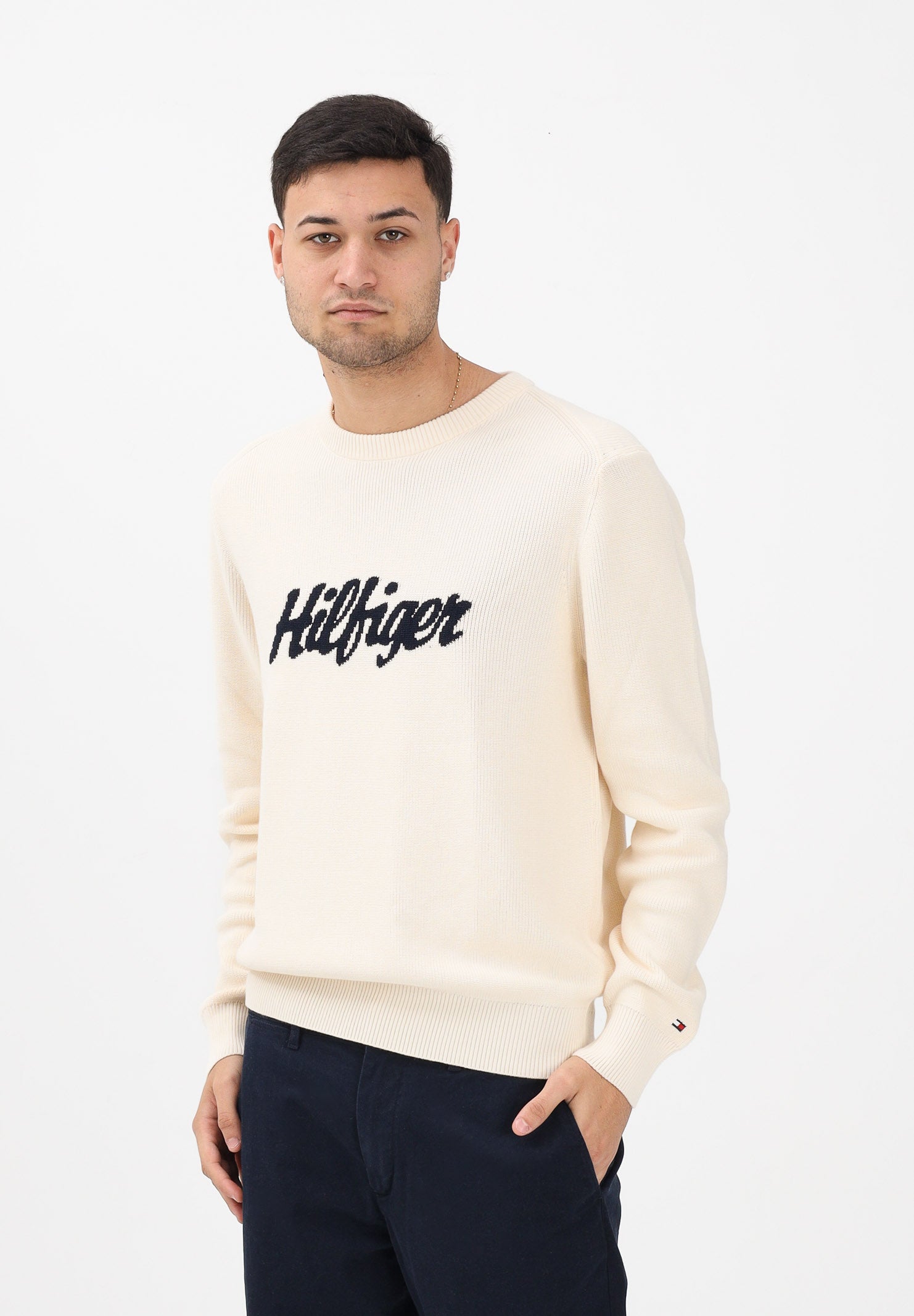 TOMMY HILFIGER Maglioncino girocollo panna da uomo con logo MW0MW41647 AEF TOMMY HILFIGER 