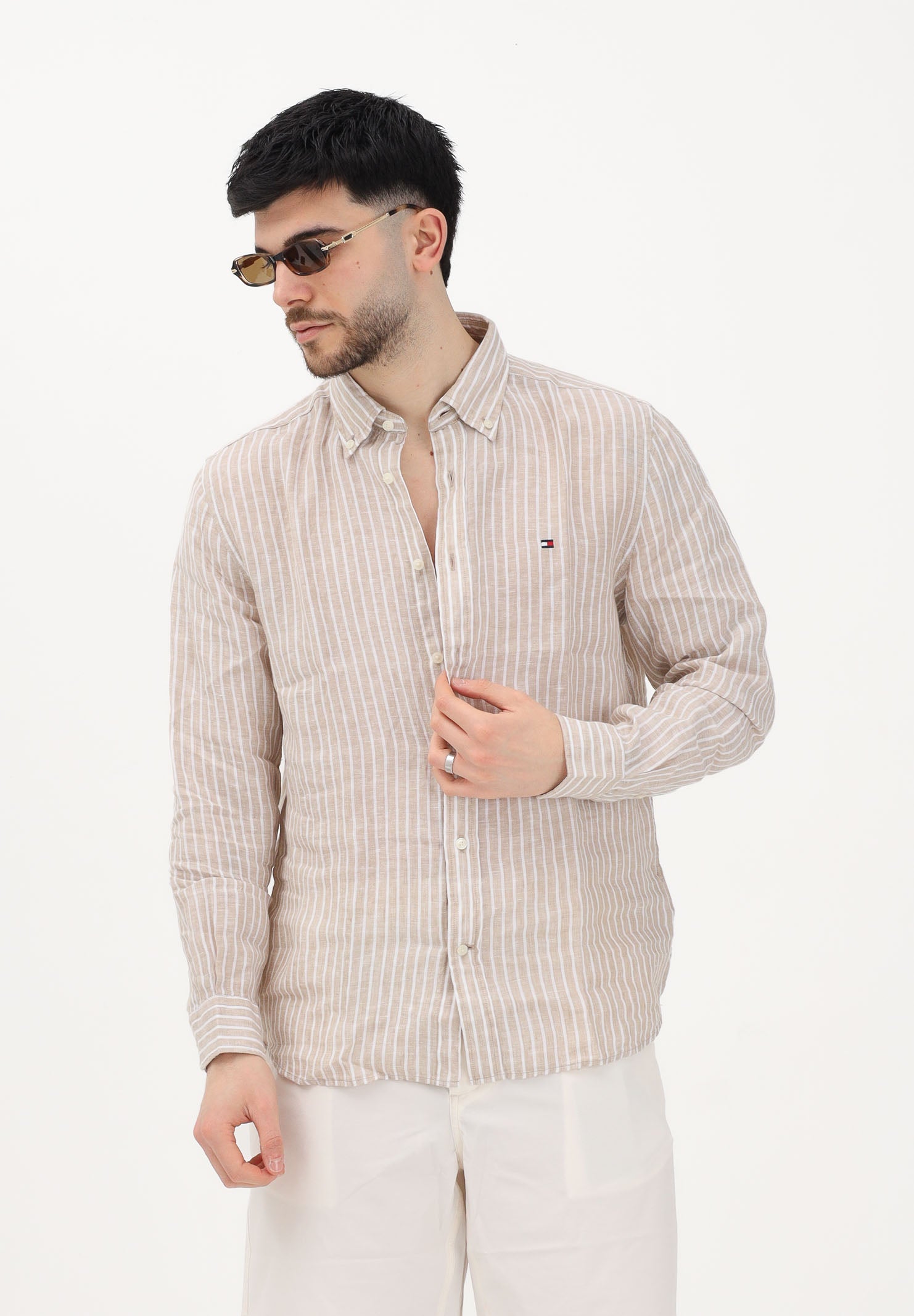 TOMMY HILFIGER Camicia a manica lunga beige da uomo con motivo a righe MW0MW42400 0BK TOMMY HILFIGER 