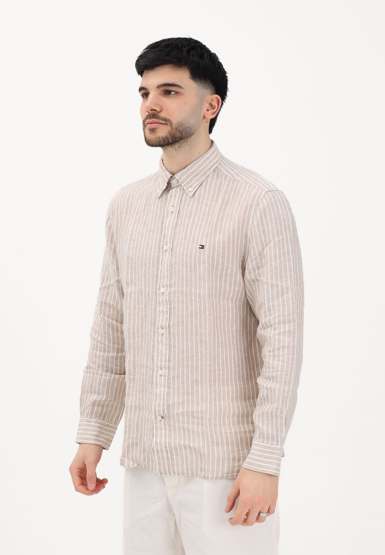 TOMMY HILFIGER Camicia a manica lunga beige da uomo con motivo a righe MW0MW42400 0BK TOMMY HILFIGER 