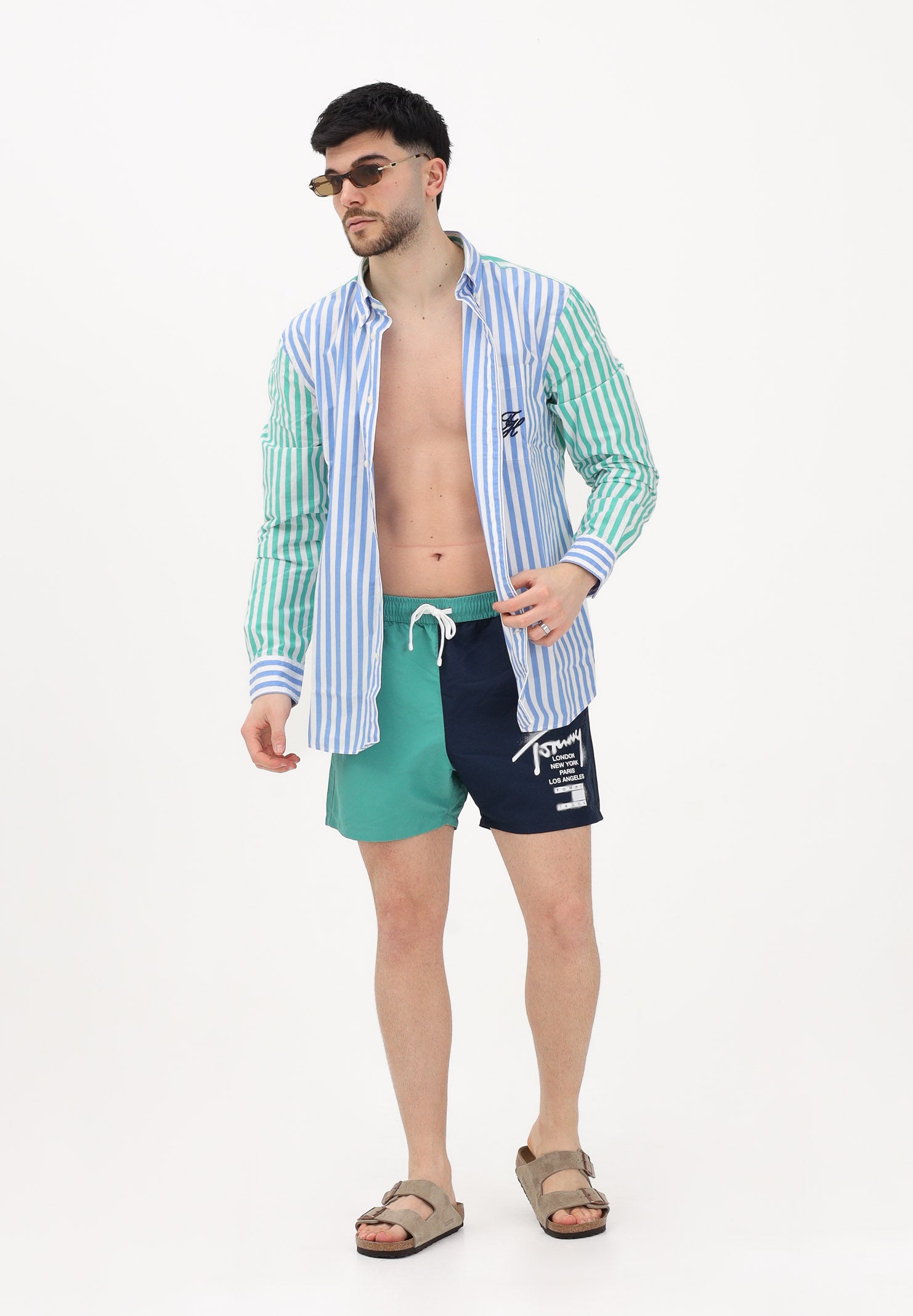 TOMMY HILFIGER Shorts mare blu e verde da uomo con logo stampato UM0UM03860 L5Y TOMMY HILFIGER 