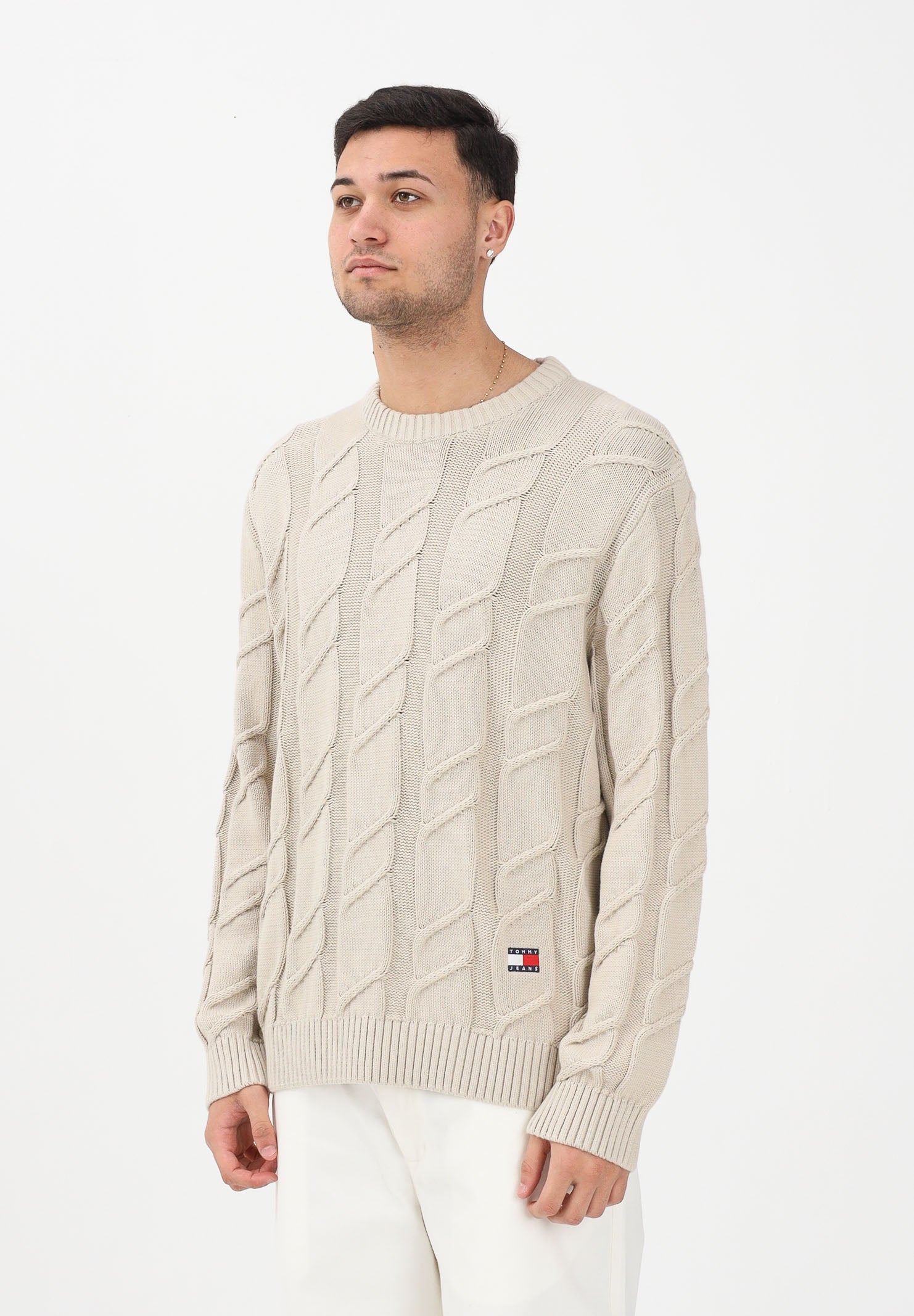 TOMMY JEANS Maglioncino girocollo beige da uomo con lavorazione intrecciata DM0DM22355 ABY TOMMY JEANS 