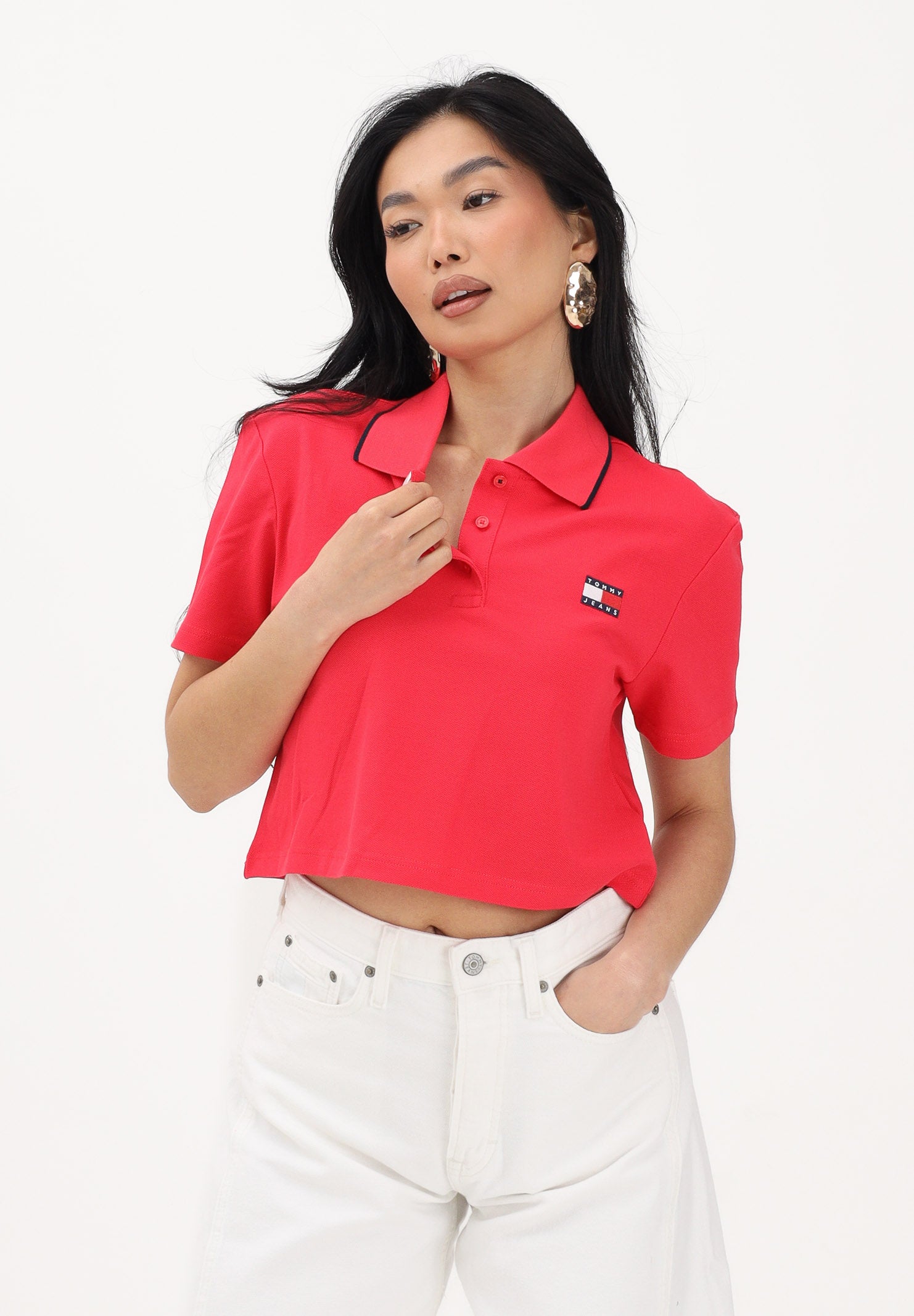 TOMMY JEANS Polo a manica corta rosso fragola da donna dal taglio cropped DW0DW21363 XK3 TOMMY JEANS 