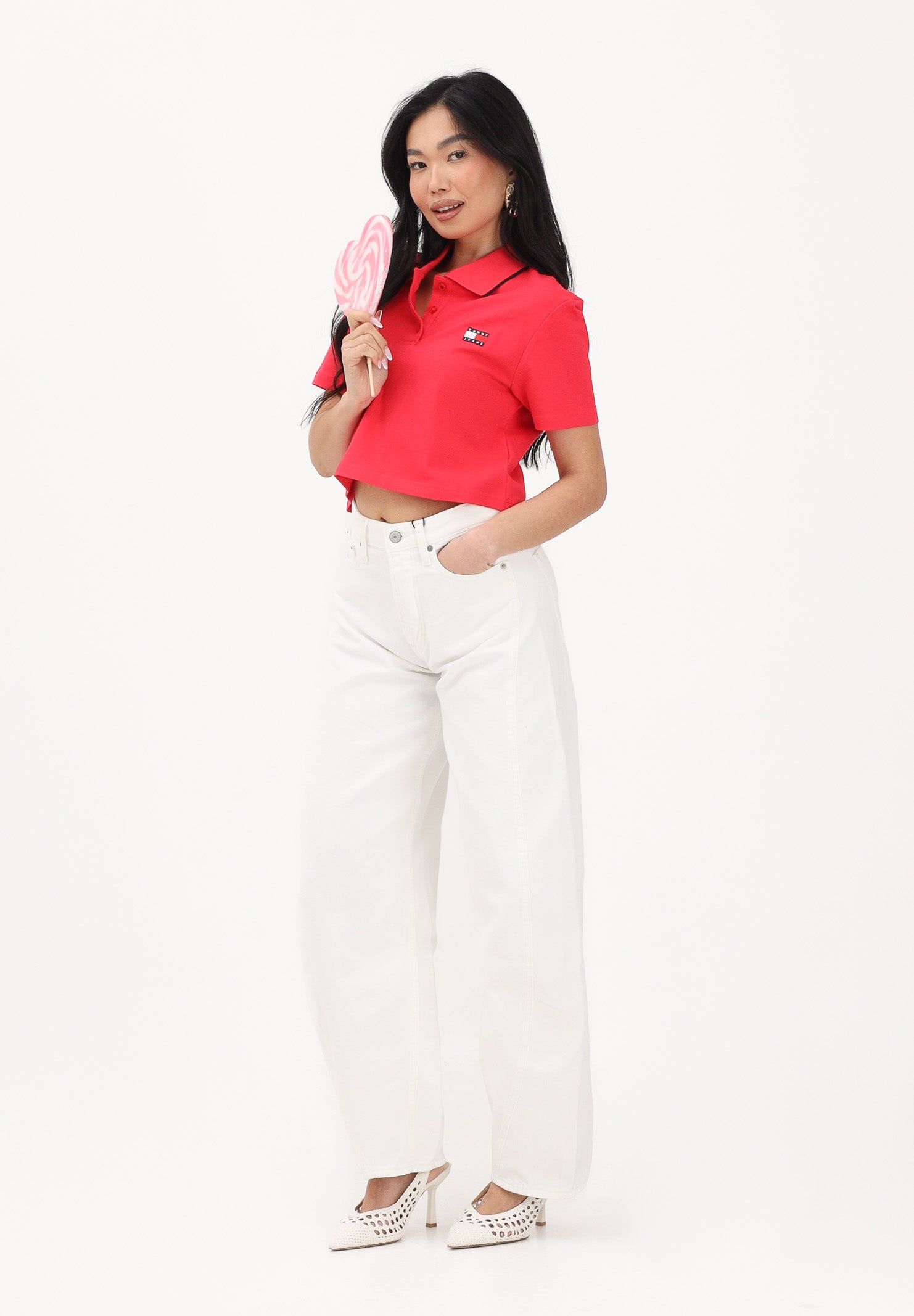 TOMMY JEANS Polo a manica corta rosso fragola da donna dal taglio cropped DW0DW21363 XK3 TOMMY JEANS 
