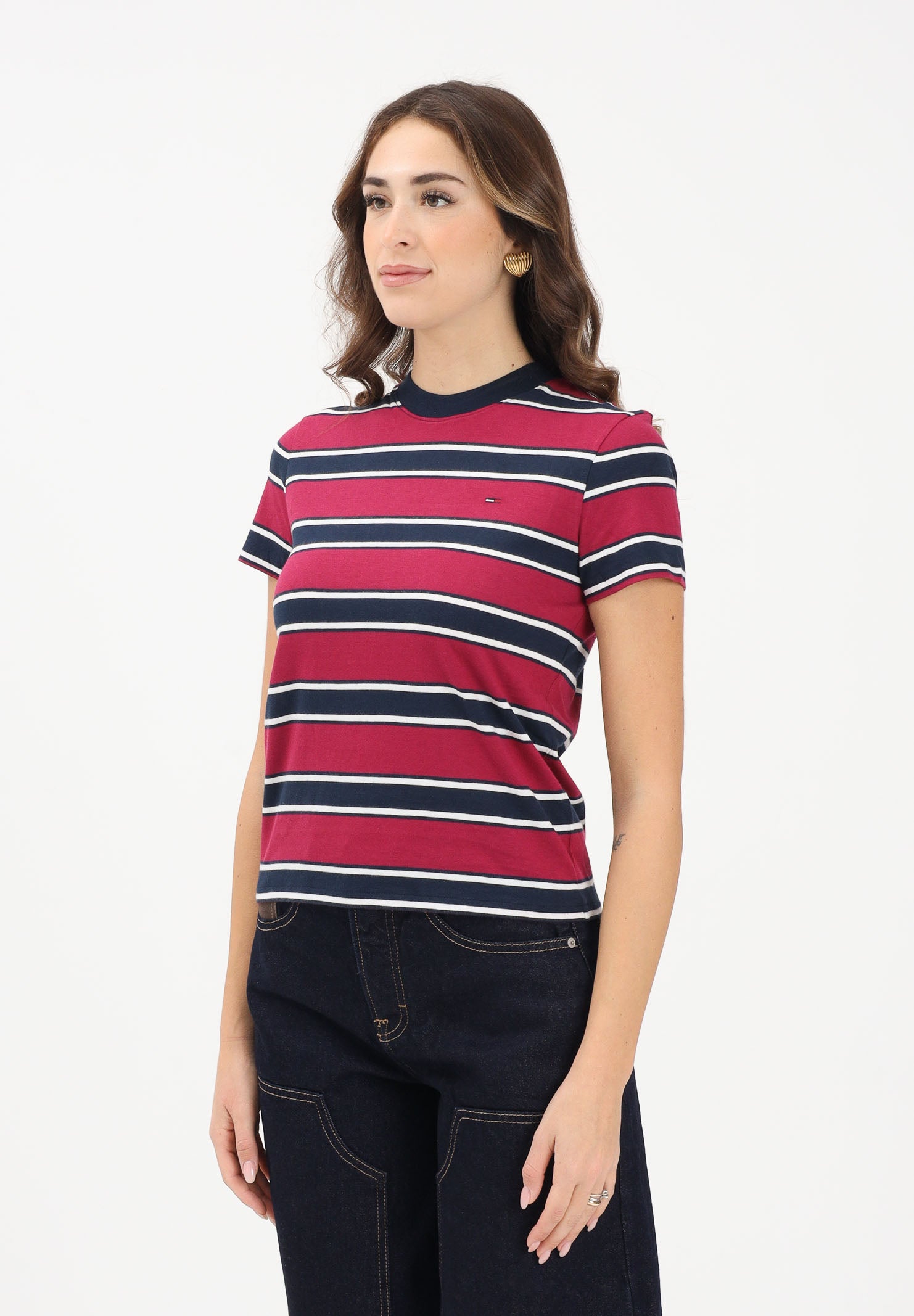 TOMMY JEANS T-shirt a manica corta bordeaux e blu da donna con motivo a righe DW0DW21834 0E3 TOMMY JEANS 