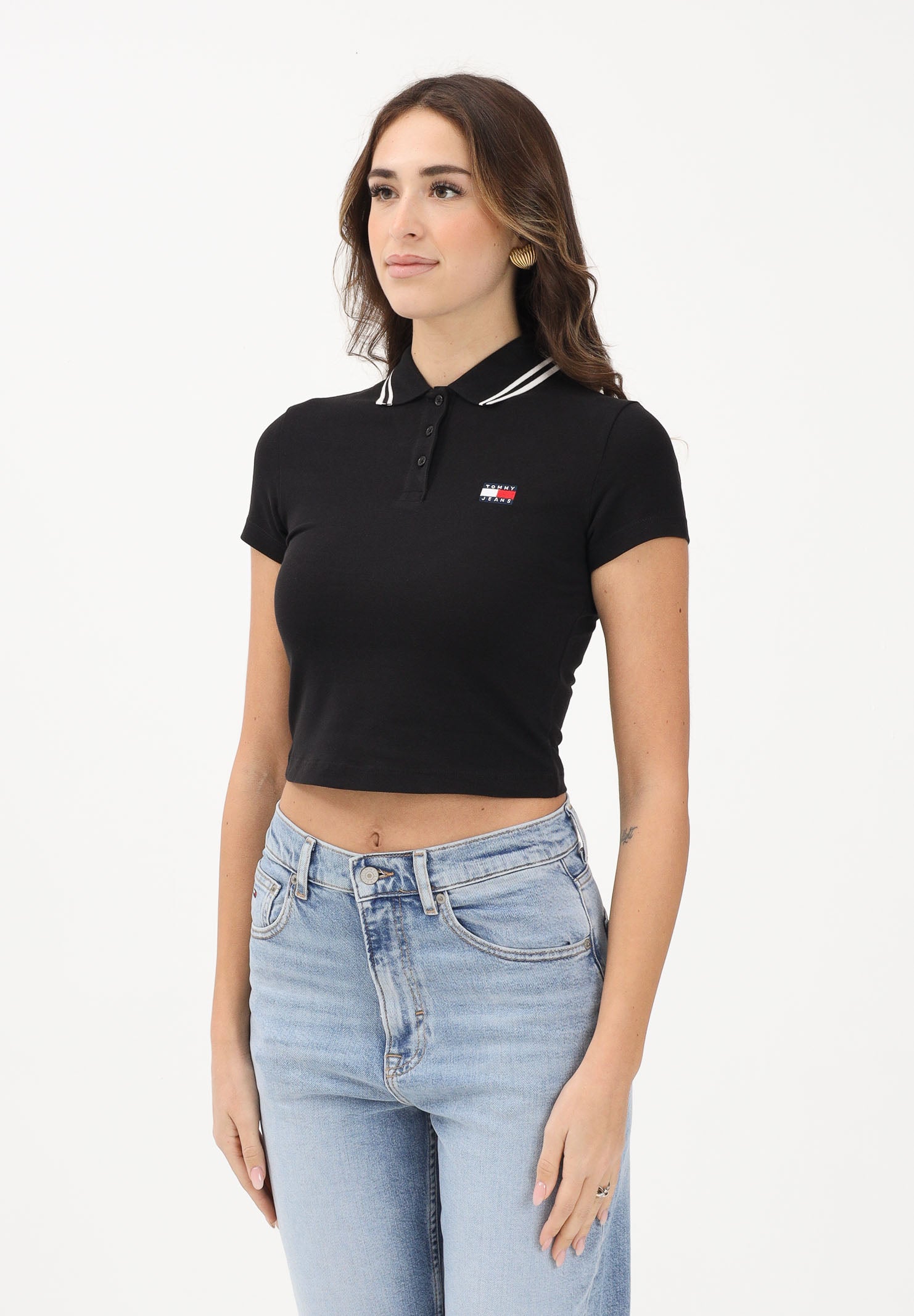 TOMMY JEANS Polo a manica corta nera da donna con logo DW0DW21932 BDS TOMMY JEANS 