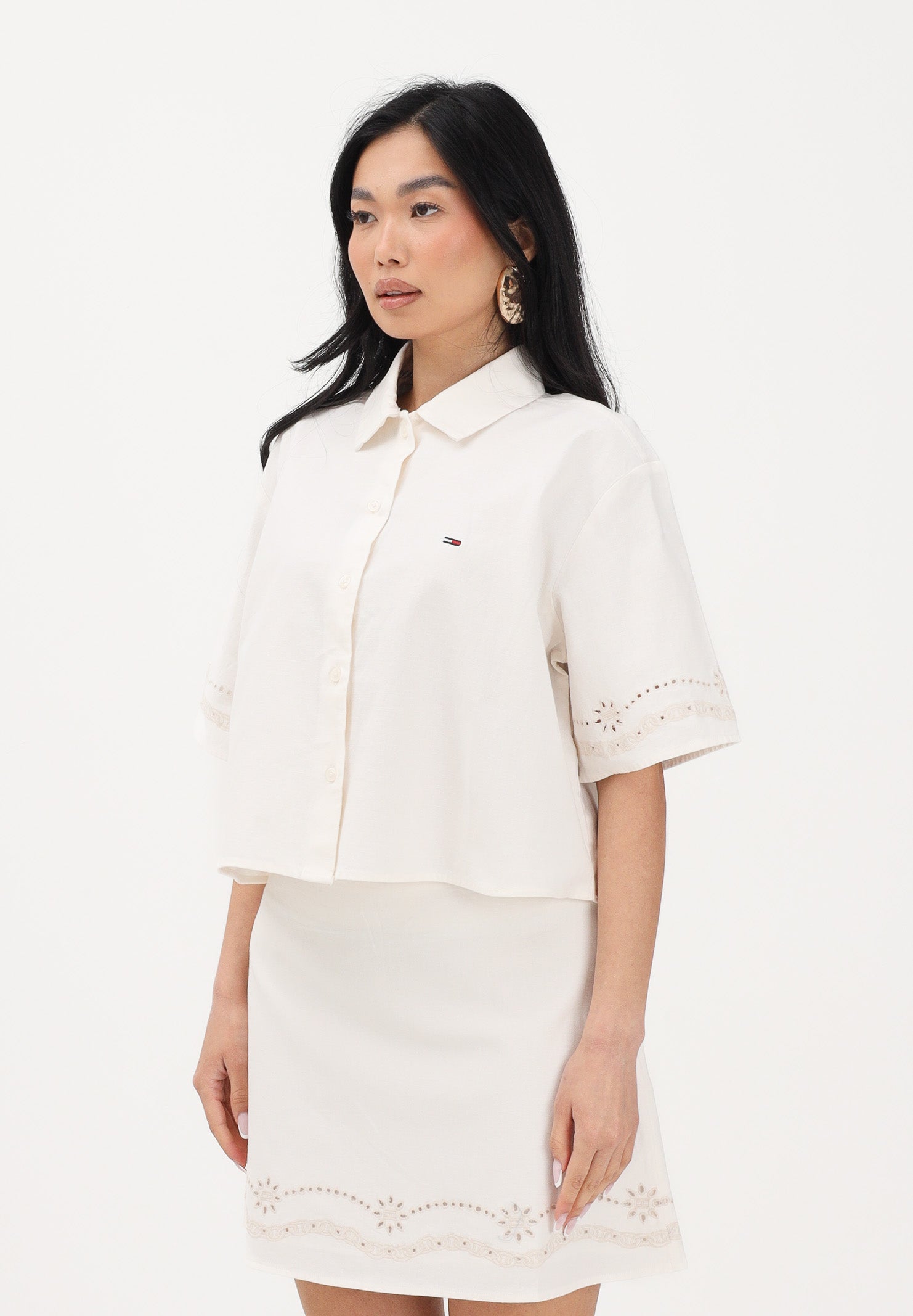TOMMY JEANS Camicia a manica corta panna da donna con ricamo logo DW0DW22214 YBH TOMMY JEANS 