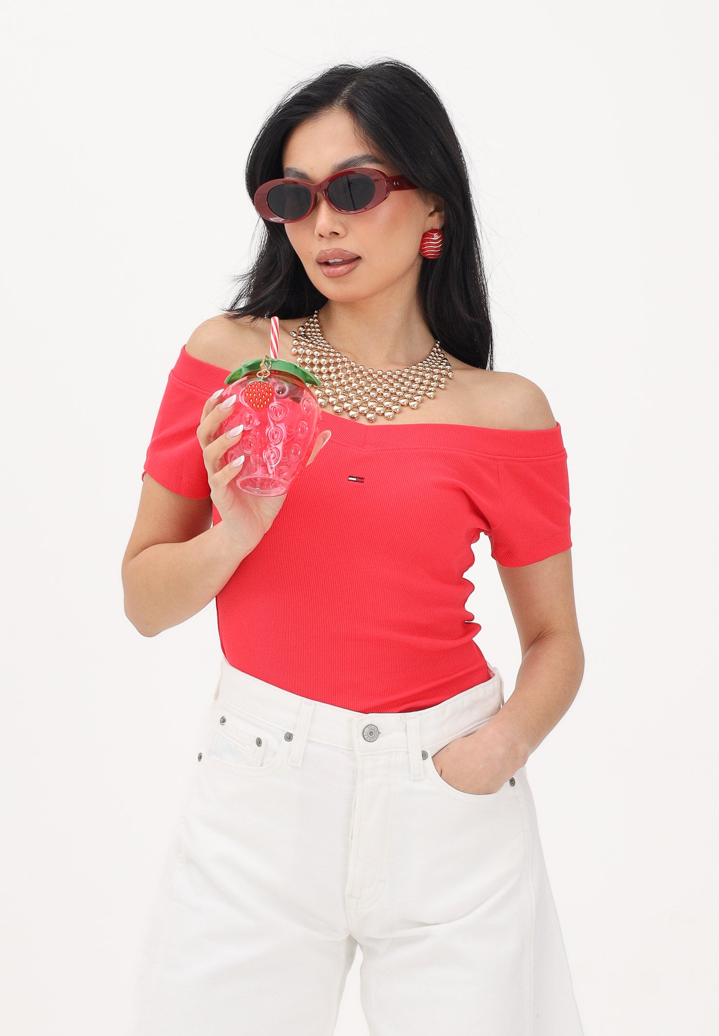 TOMMY JEANS T-shirt a manica corta rosso fragola da donna con scollo a barca DW0DW22265 XK3 TOMMY JEANS 