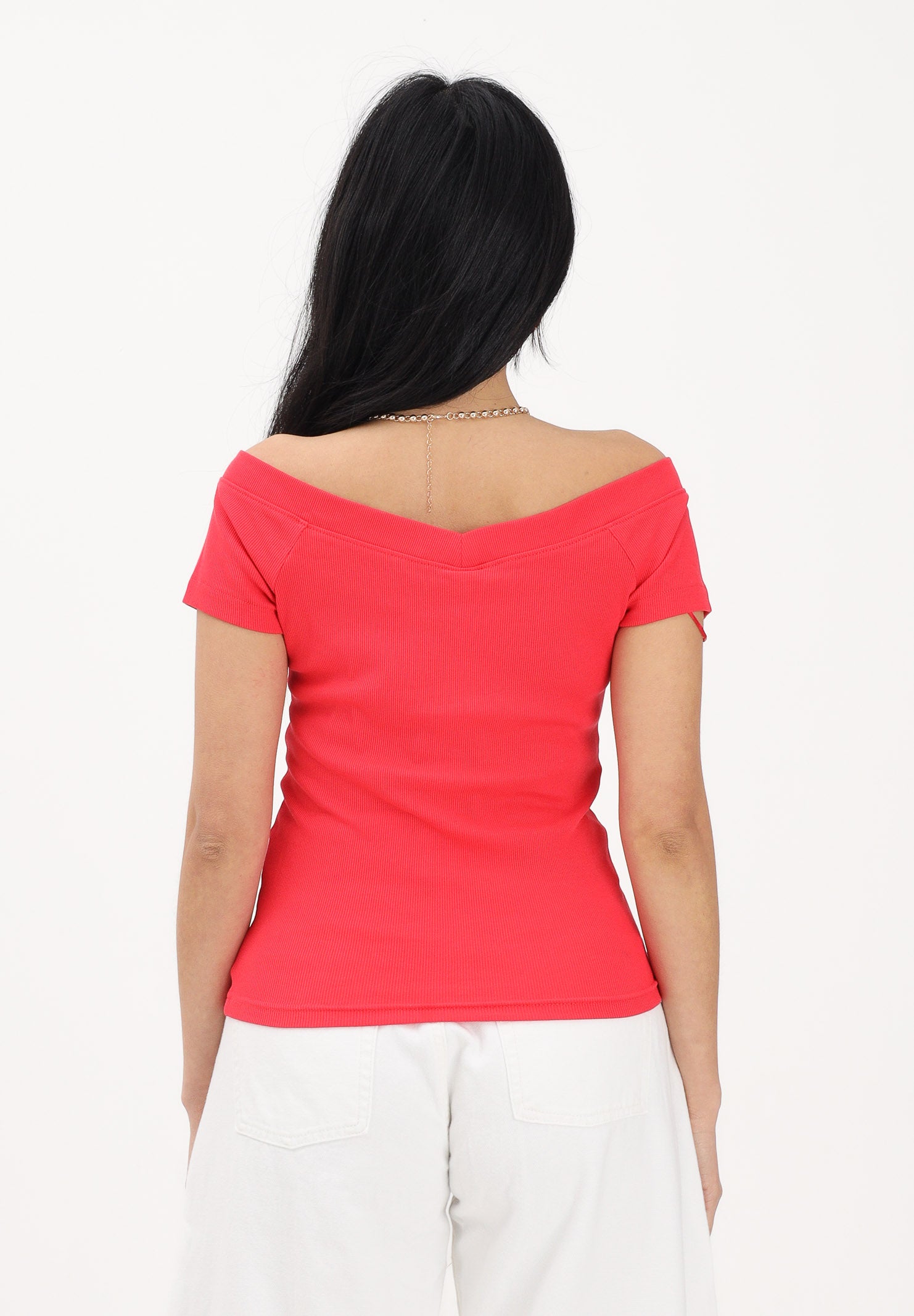 TOMMY JEANS T-shirt a manica corta rosso fragola da donna con scollo a barca DW0DW22265 XK3 TOMMY JEANS 
