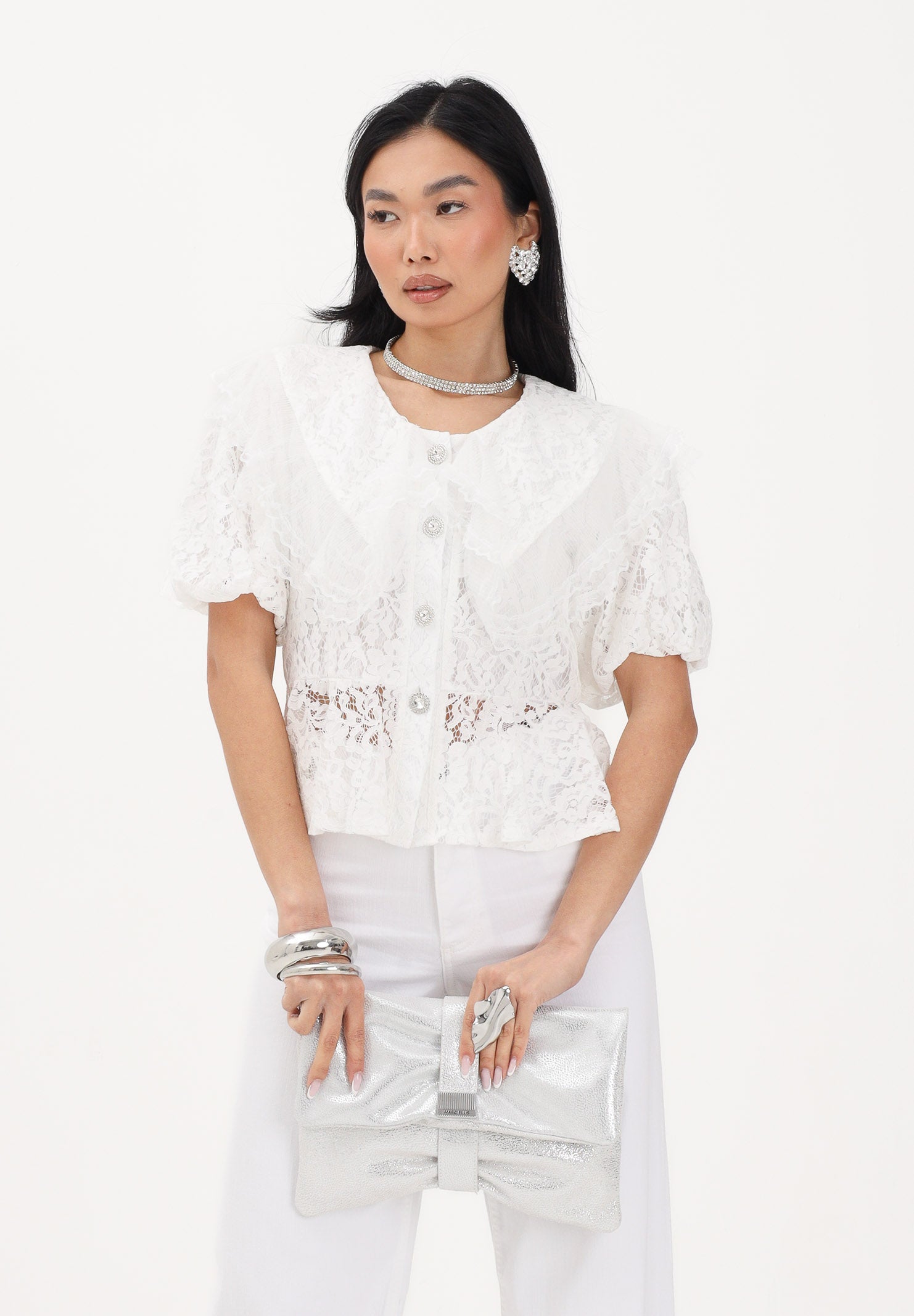 TPN Camicia a manica corta in pizzo bianco da donna FRODYCE232S6 D7 TPN 