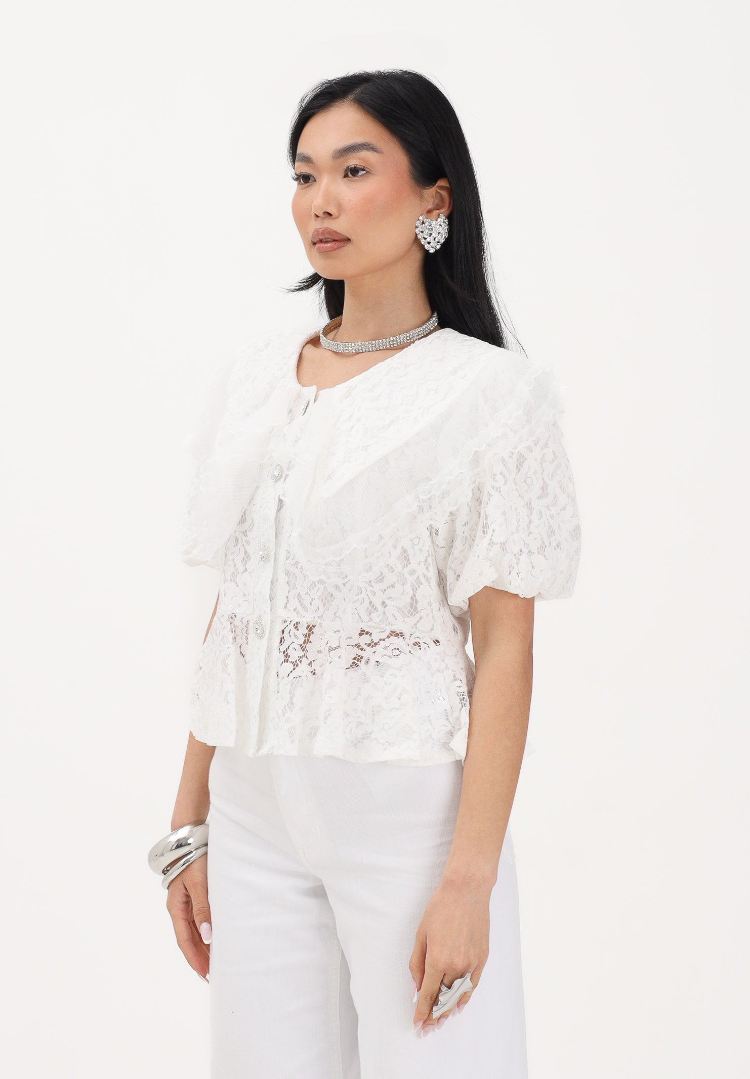 TPN Camicia a manica corta in pizzo bianco da donna FRODYCE232S6 D7 TPN 