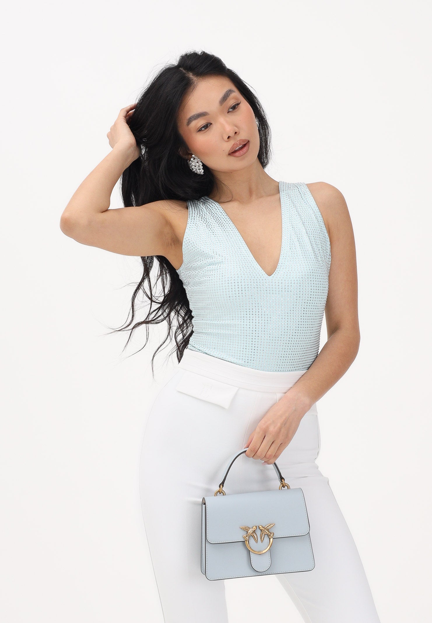 TWENTY FOURHAITCH Body smanicato turchese da donna con scollo a V e strass<BR/> A0072POL62P AR TWENTY FOURHAITCH 