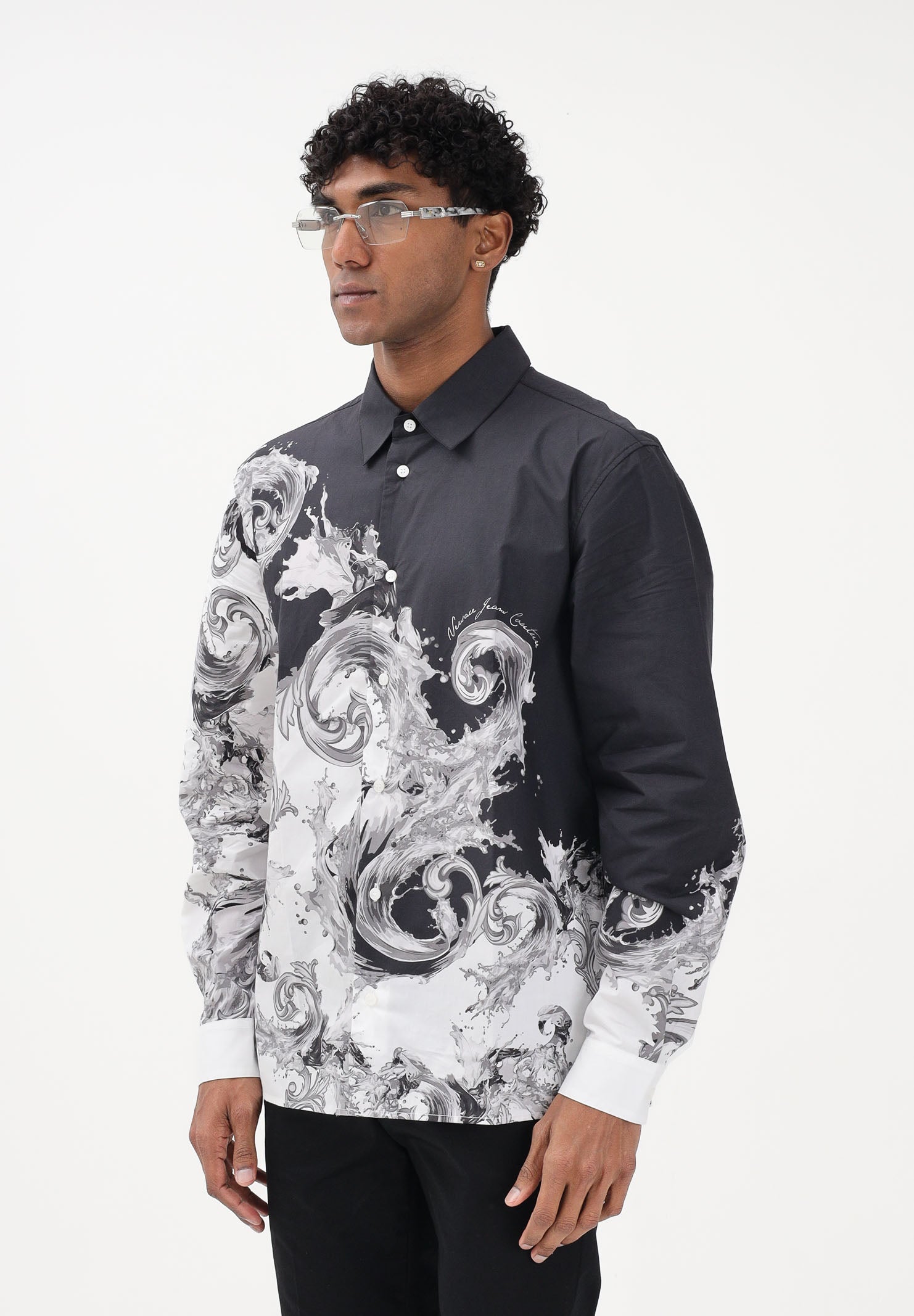 VERSACE JEANS COUTURE Camicia a manica lunga nera da uomo con stampa "Wave Couture" 80GAL2RBNS784 V22 VERSACE JEANS COUTURE 