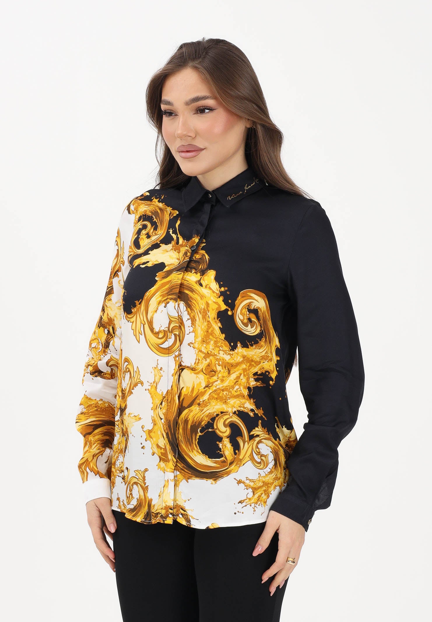 VERSACE JEANS COUTURE Camicia a manica lunga nera e bianca da donna con stampa Wave Couture 80HAL2P1NS802 GL1 VERSACE JEANS COUTURE 