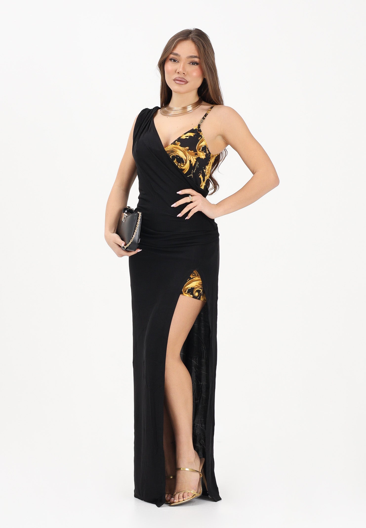 VERSACE JEANS COUTURE Abito lungo nero da donna con inserto a fantasia Wave Couture 80HAO912JS533 G89 VERSACE JEANS COUTURE 