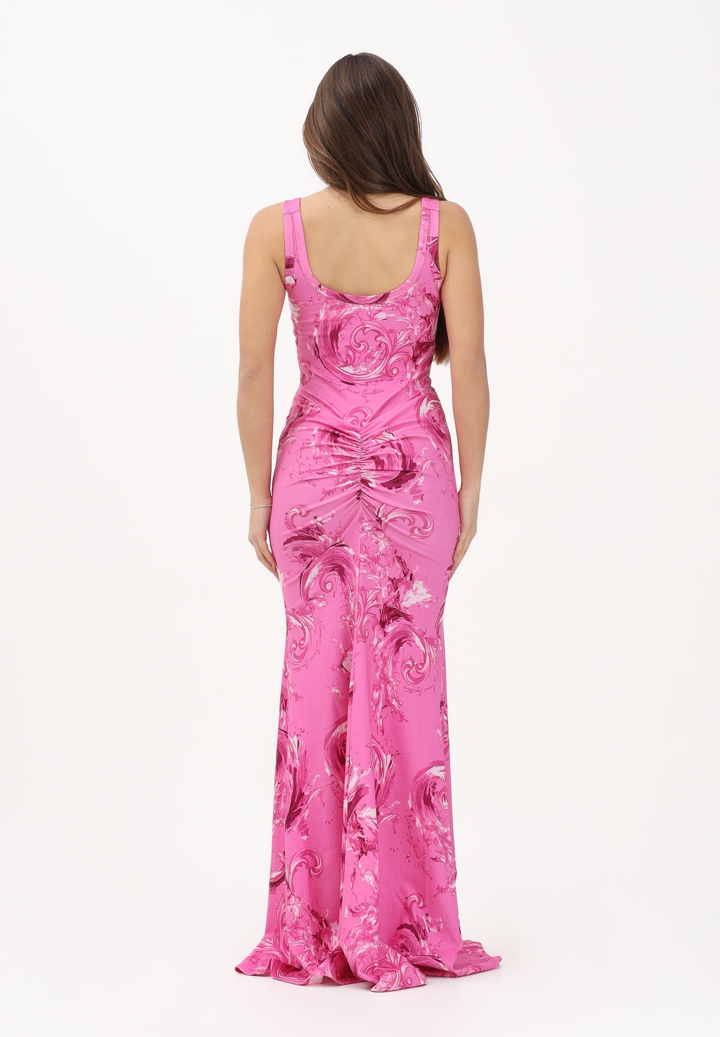VERSACE JEANS COUTURE Abito lungo fucsia da donna con stampa Wave Couture 80HAO970JS550 499 VERSACE JEANS COUTURE 