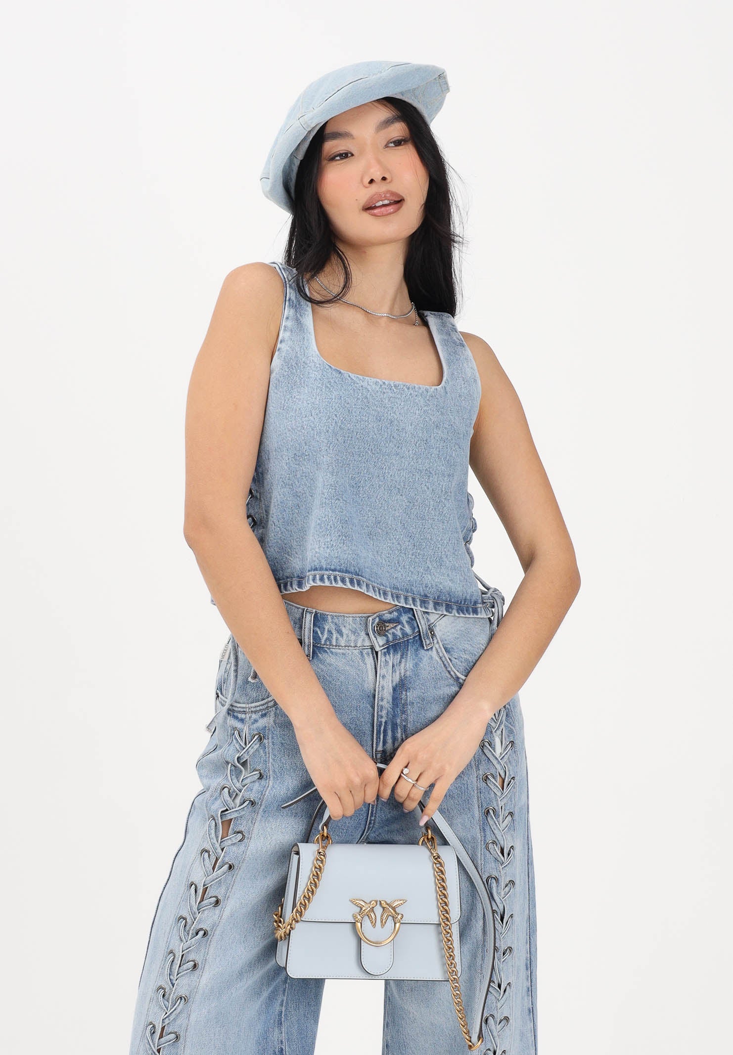 VICOLO Top in denim chiaro da donna con lacci laterali DAB5013 DECH VICOLO 