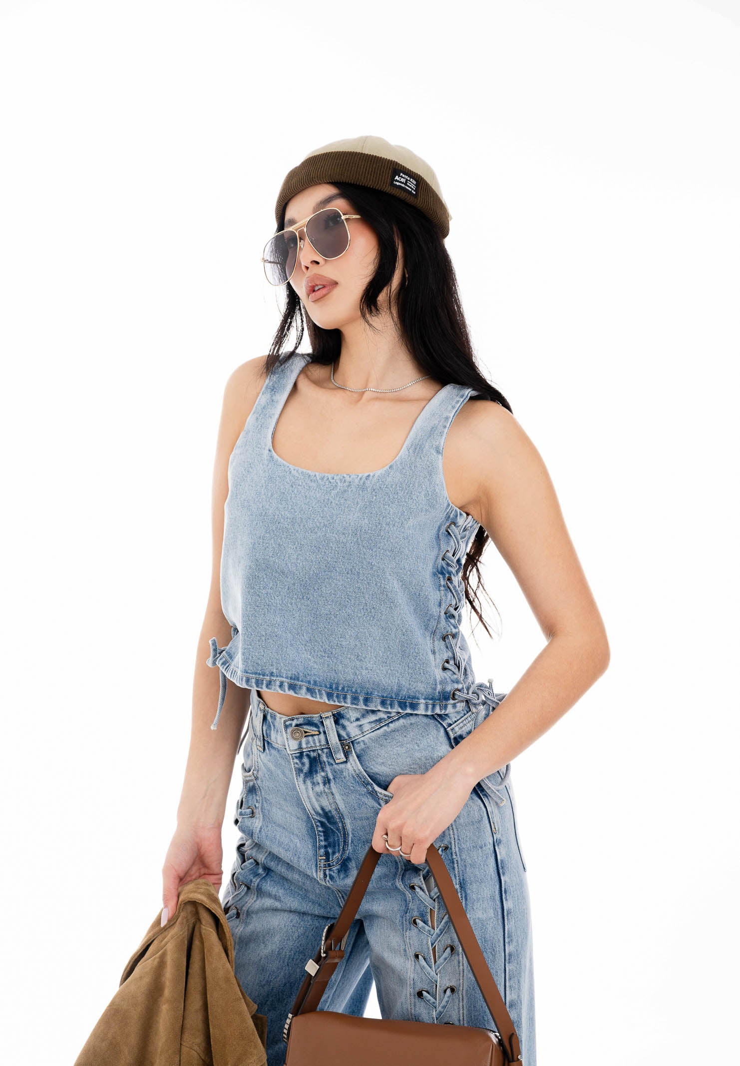 VICOLO Top in denim chiaro da donna con lacci laterali DAB5013 DECH VICOLO 