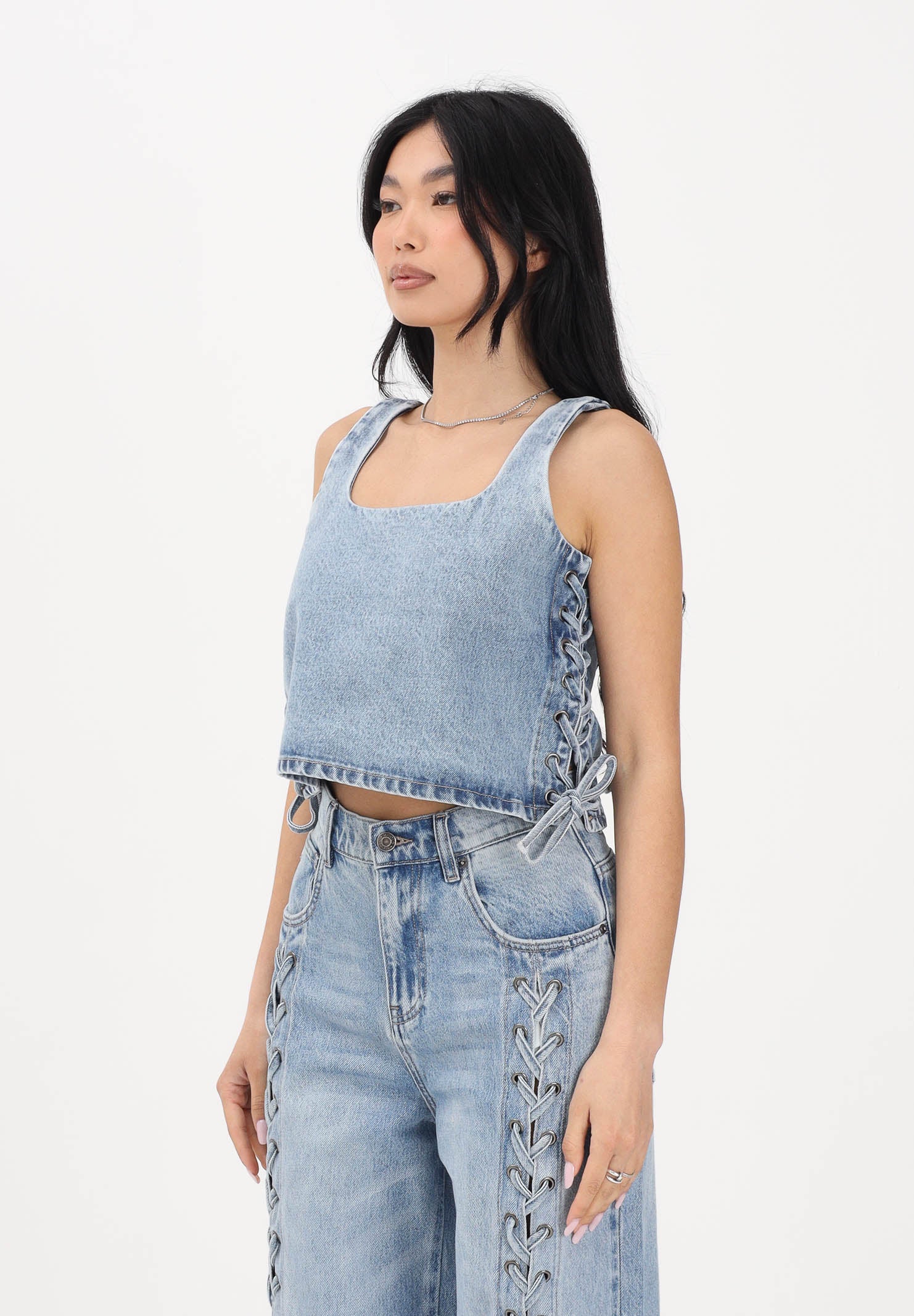 VICOLO Top in denim chiaro da donna con lacci laterali DAB5013 DECH VICOLO 