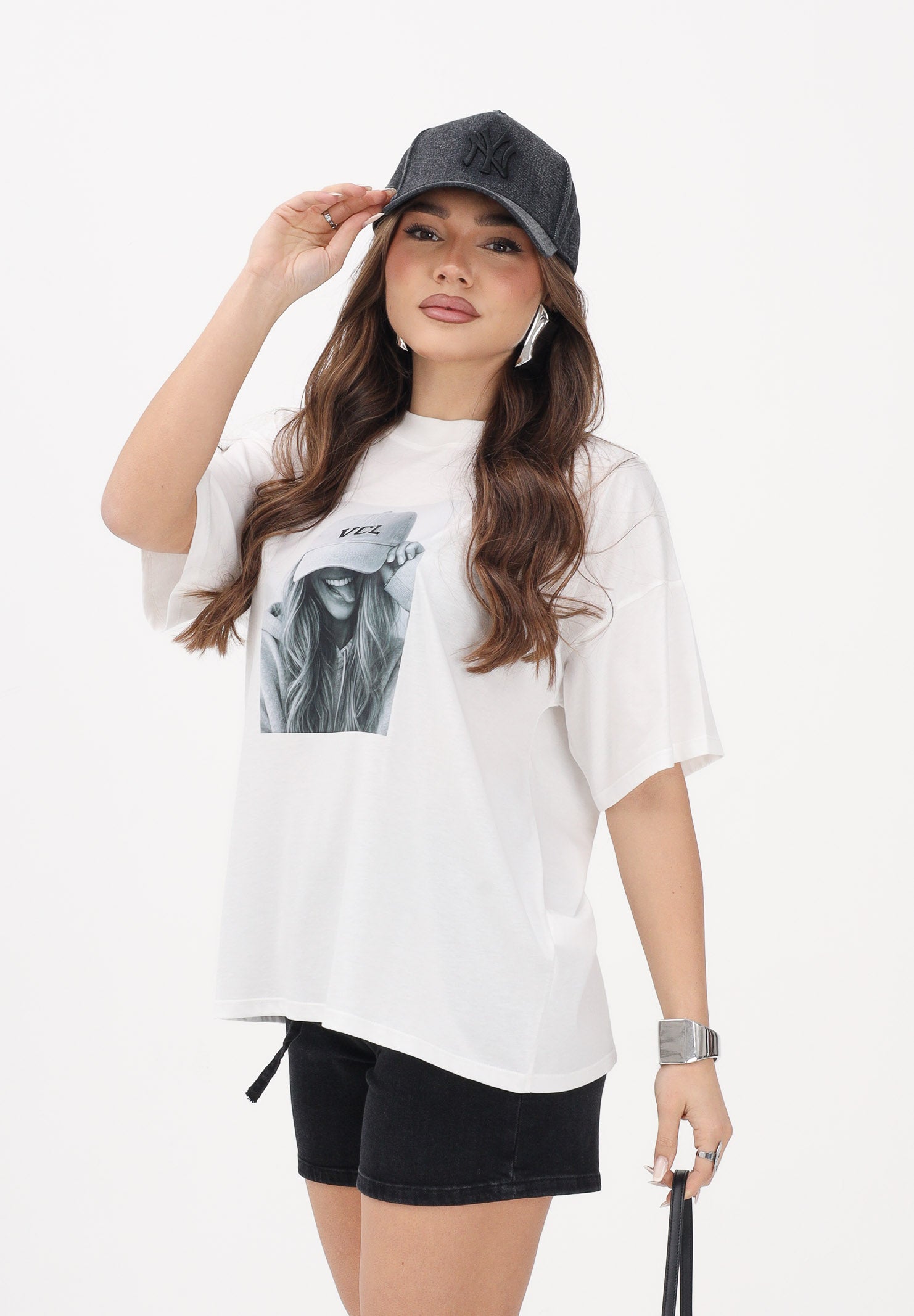 VICOLO T-shirt a manica corta bianca da donna con stampa RAB0495 02 VICOLO 