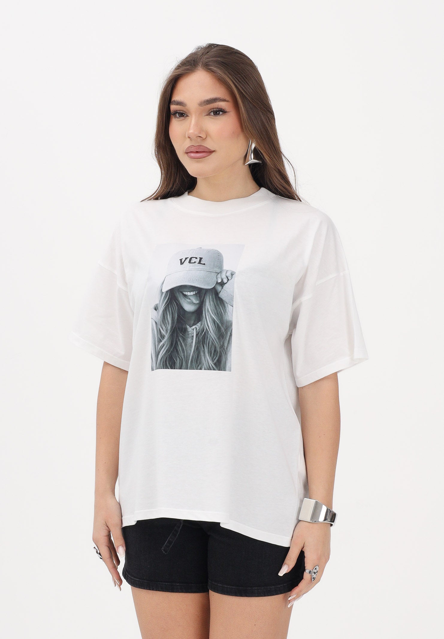 VICOLO T-shirt a manica corta bianca da donna con stampa RAB0495 02 VICOLO 