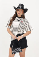 VICOLO T-shirt a manica corta panna e nera da donna con motivo a righe e ricamo RAB0554 NANE VICOLO 