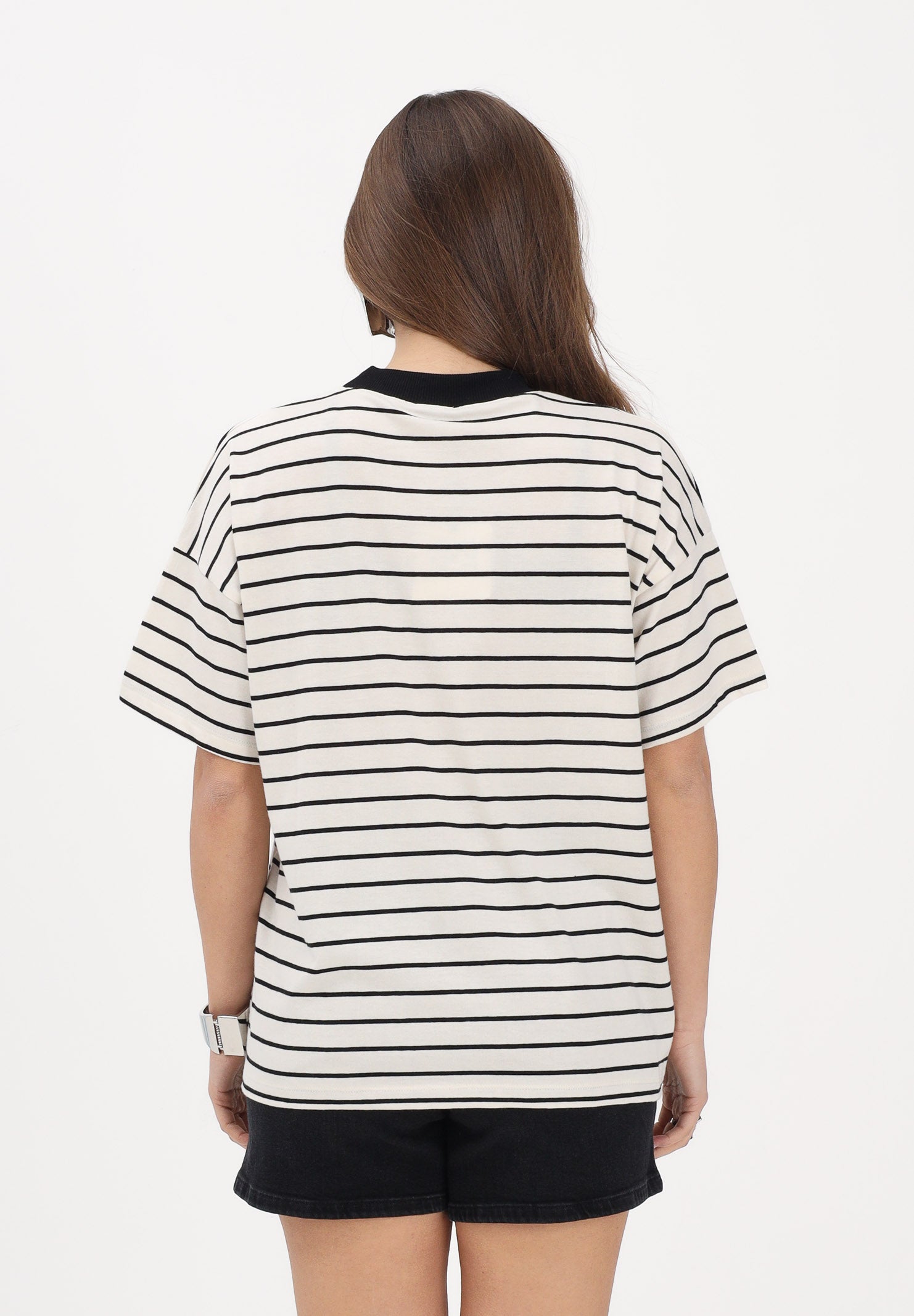 VICOLO T-shirt a manica corta panna e nera da donna con motivo a righe e ricamo RAB0554 NANE VICOLO 