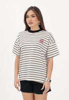 VICOLO T-shirt a manica corta panna e nera da donna con motivo a righe e ricamo RAB0554 NANE VICOLO 