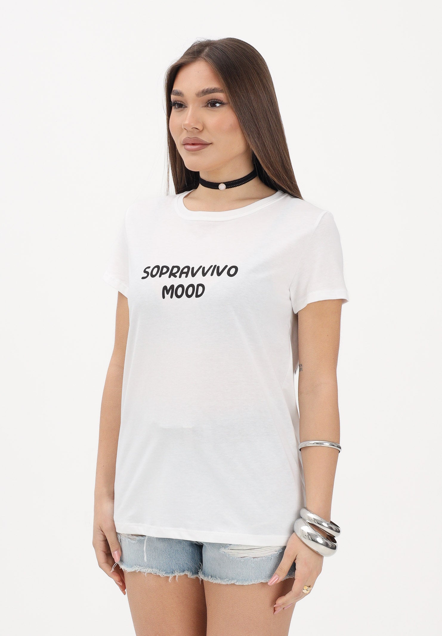 VICOLO T-shirt a manica corta bianca da donna con stampa "sopravvivo mood" RAB0712 02 VICOLO 