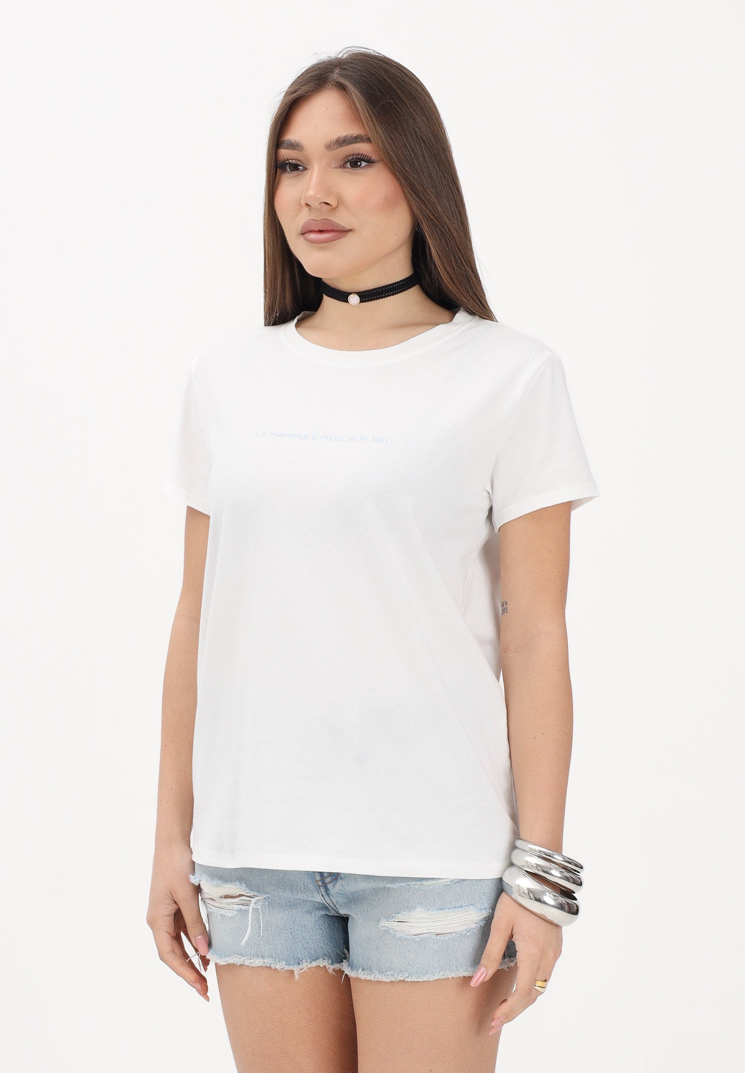 VICOLO T-shirt a manica corta bianca da donna con stampa "La mamma è meglio di Siri" RAB0738 02 VICOLO 