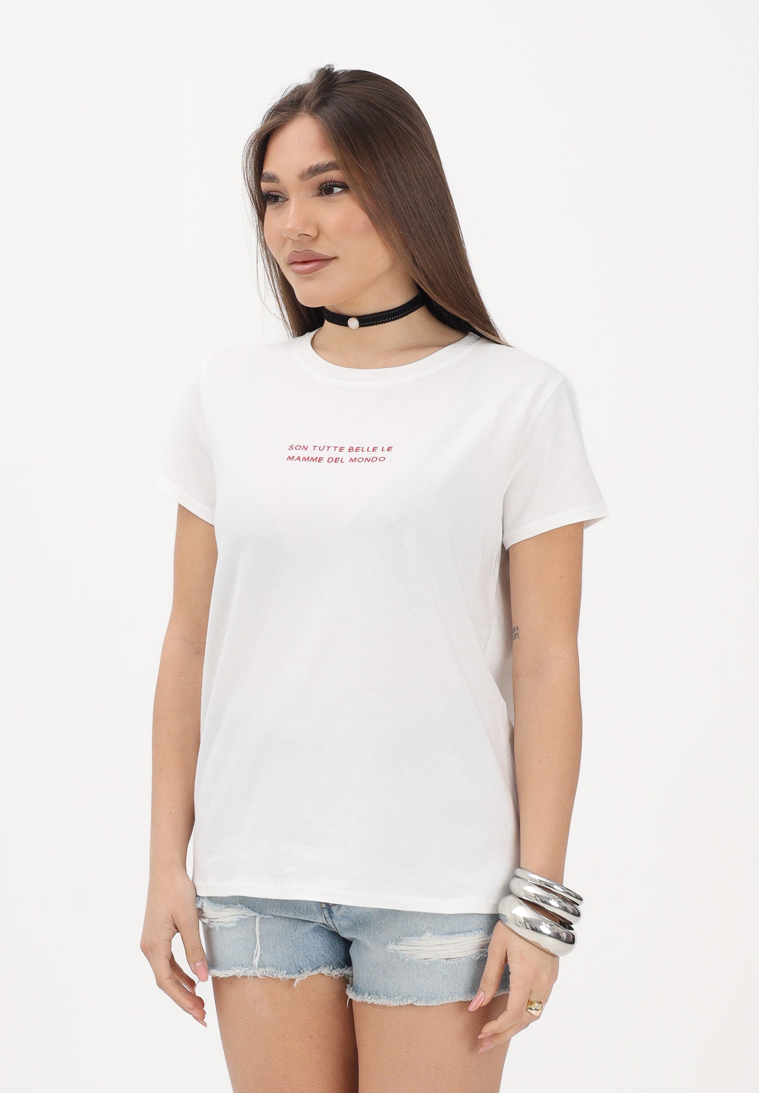 VICOLO T-shirt a manica corta bianca da donna con stampa "Son tutte belle le mamme del mondo" RAB0740 02 VICOLO 