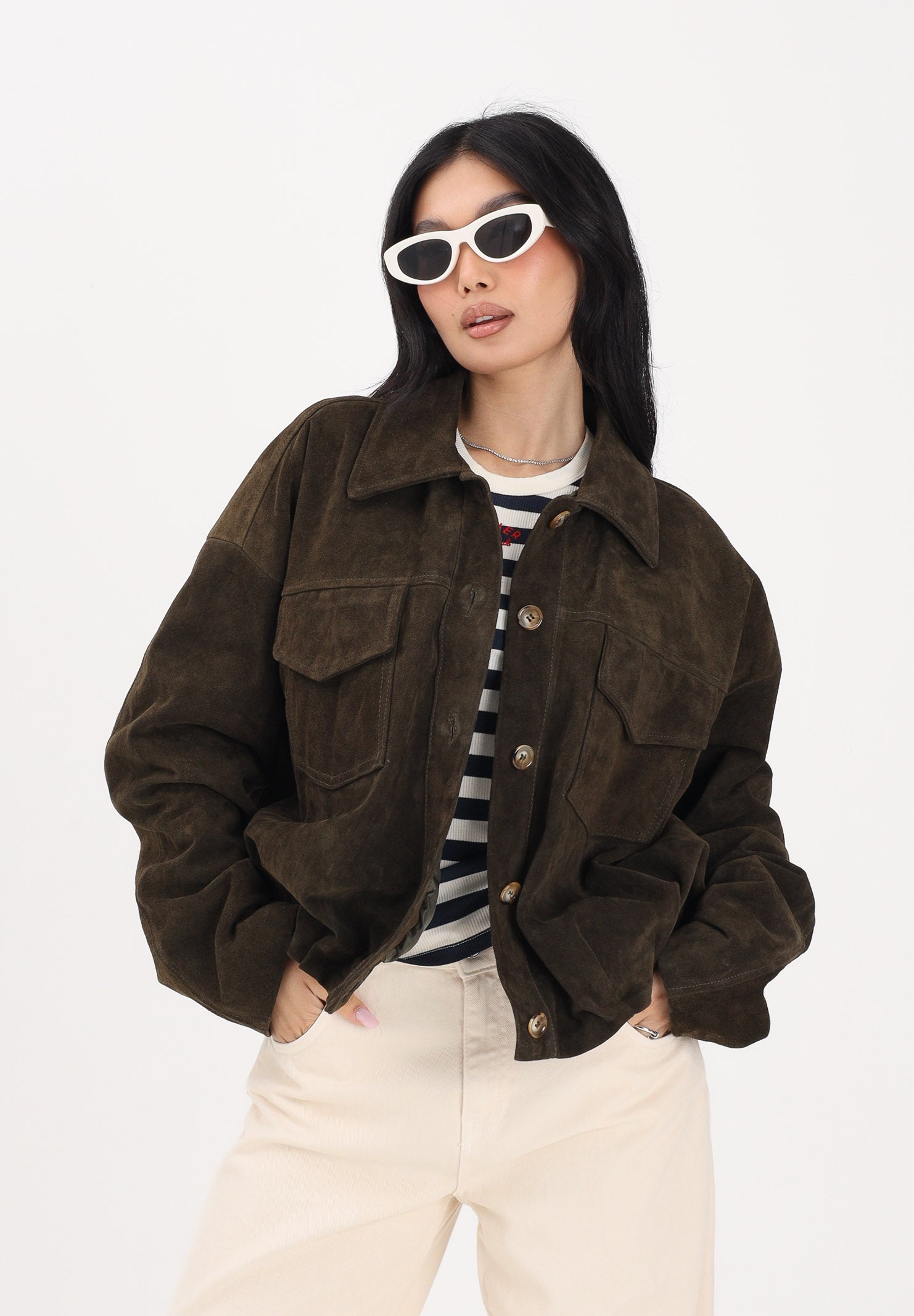 VICOLO Giubbotto in pelle scamosciata verde militare da donna TAB0171 ABU19 VICOLO 